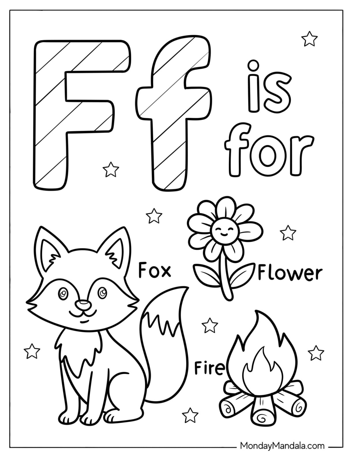 Letter F Coloring Page is for Fox, Fire, and Flower for Kids