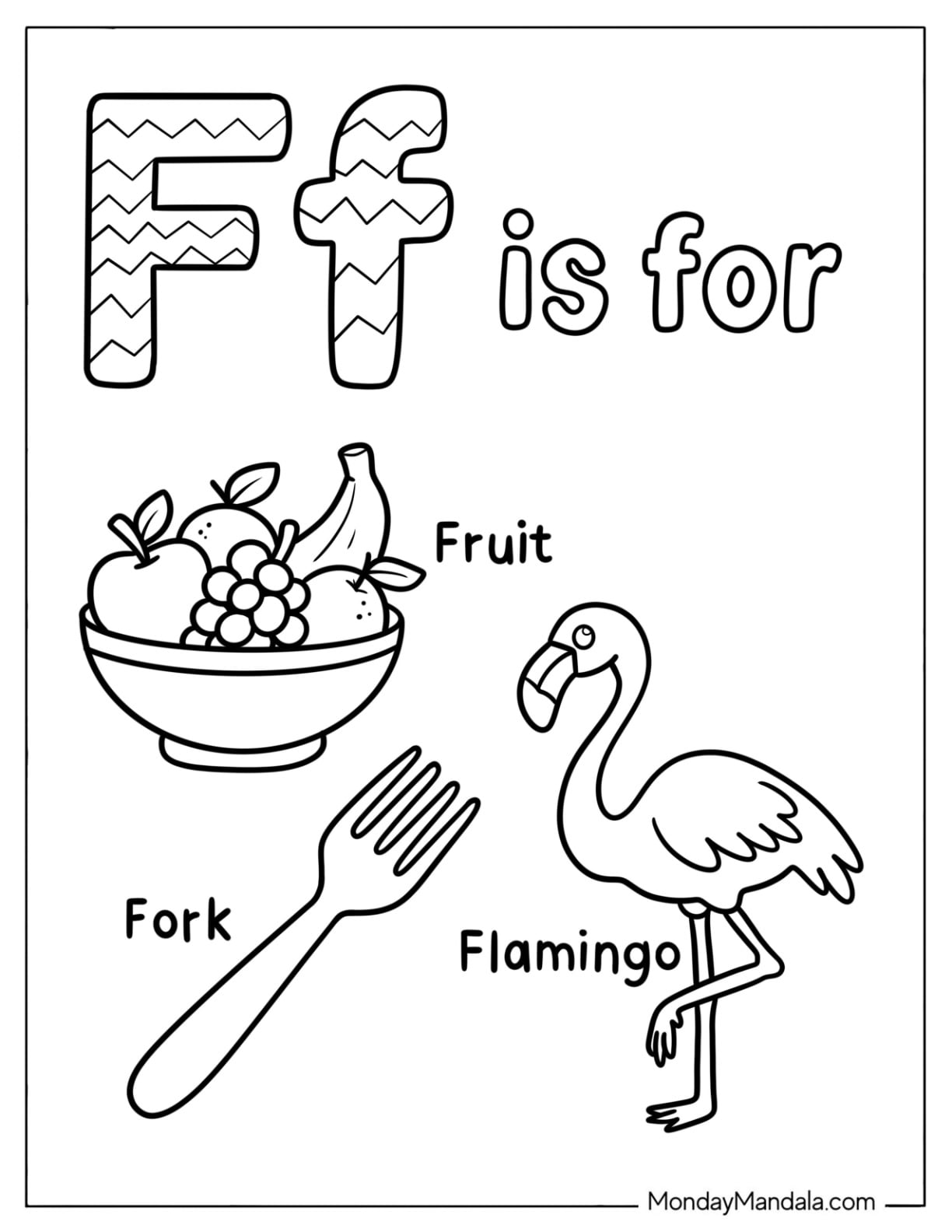 Letter F Coloring Page is for Fruit, Fork, and Flamingo