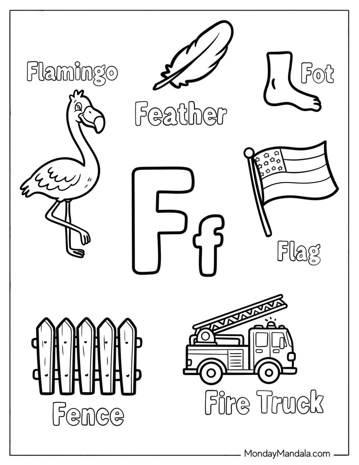 Letter F Coloring Page with Things That Start with F
