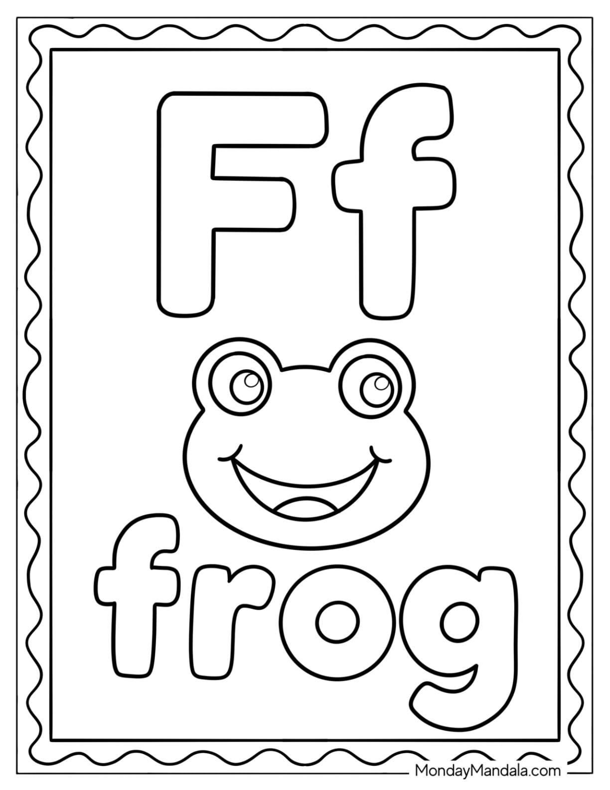 Letter F Coloring Page with a Smiling Frog Flashcard for Kids