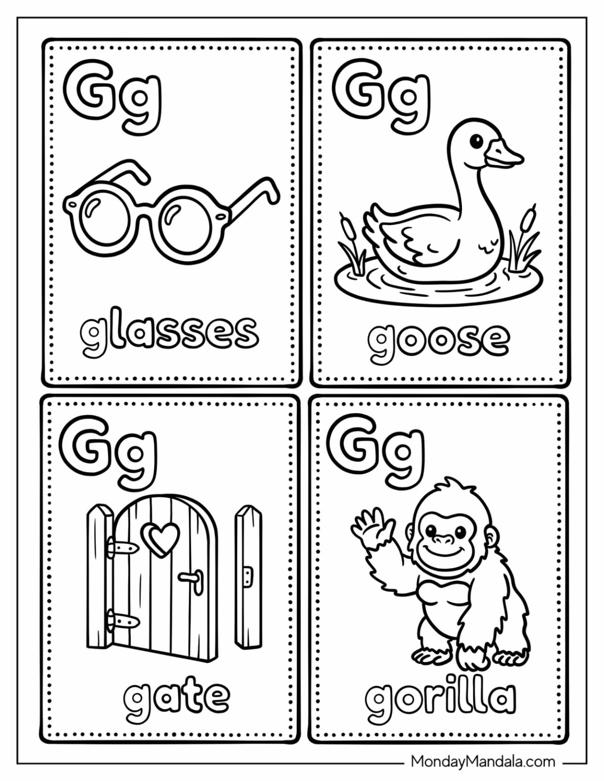 Letter G Coloring Page Cards With Glasses, Goose, Gate and Gorilla for Kids