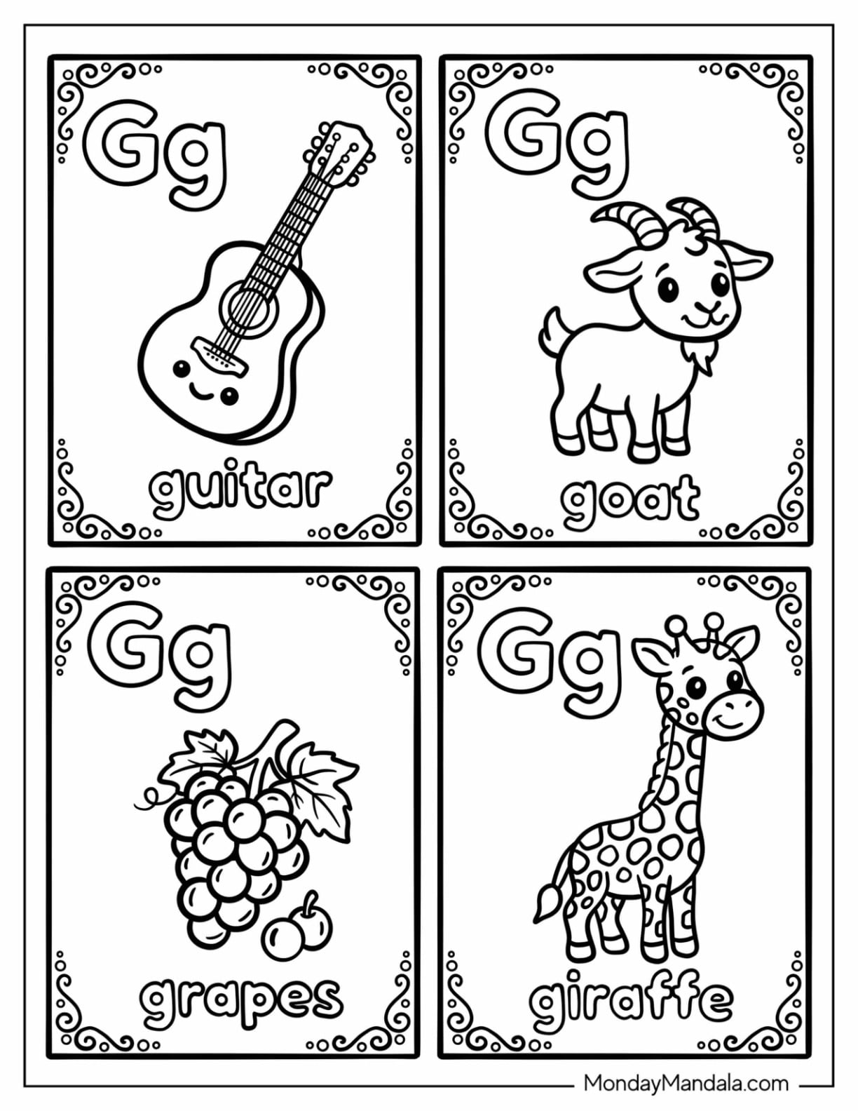 Letter G Coloring Page Cards for Guitar, Goat, Grapes, and Giraffe