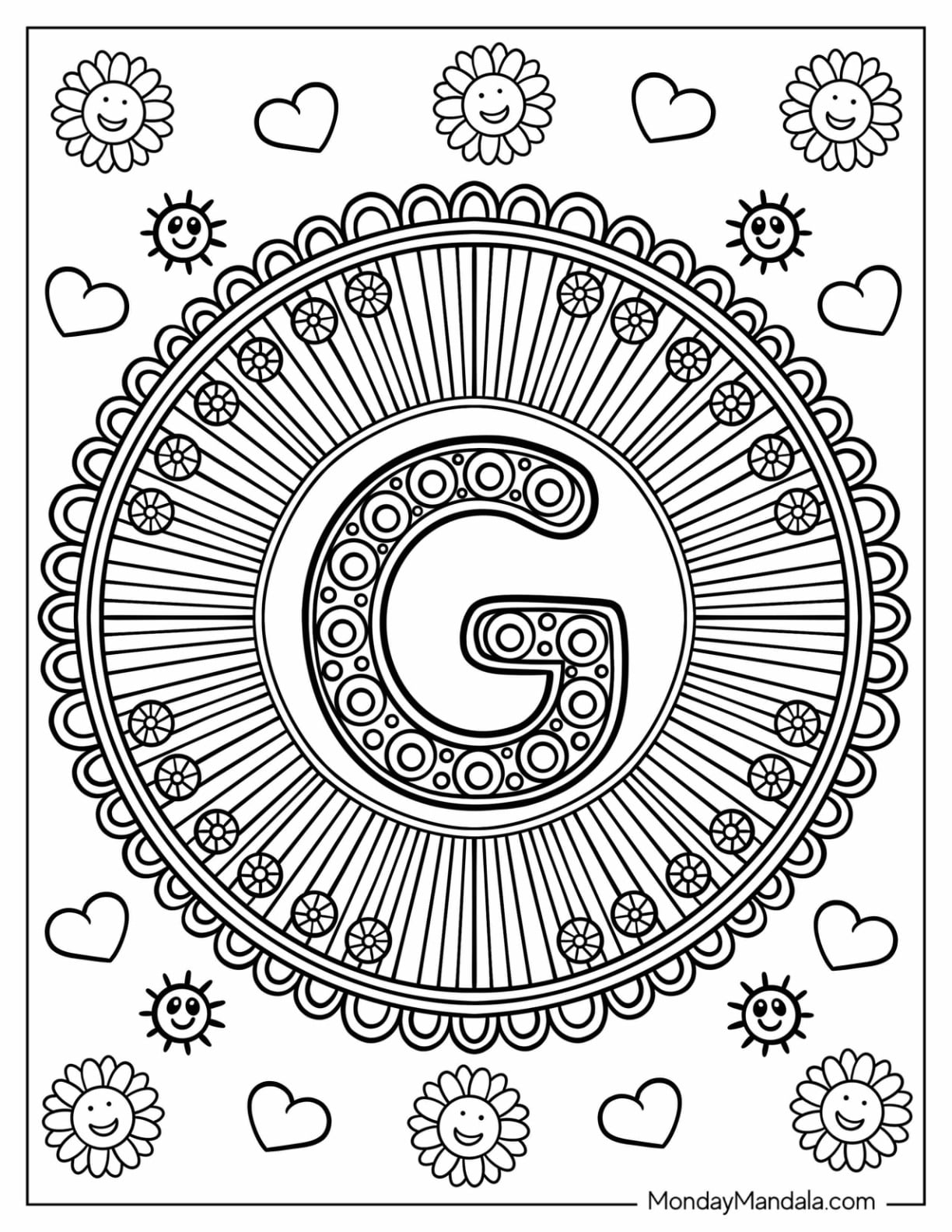 Letter G Coloring Page Inside a Decorative Mandala With Hearts and Smiling Suns