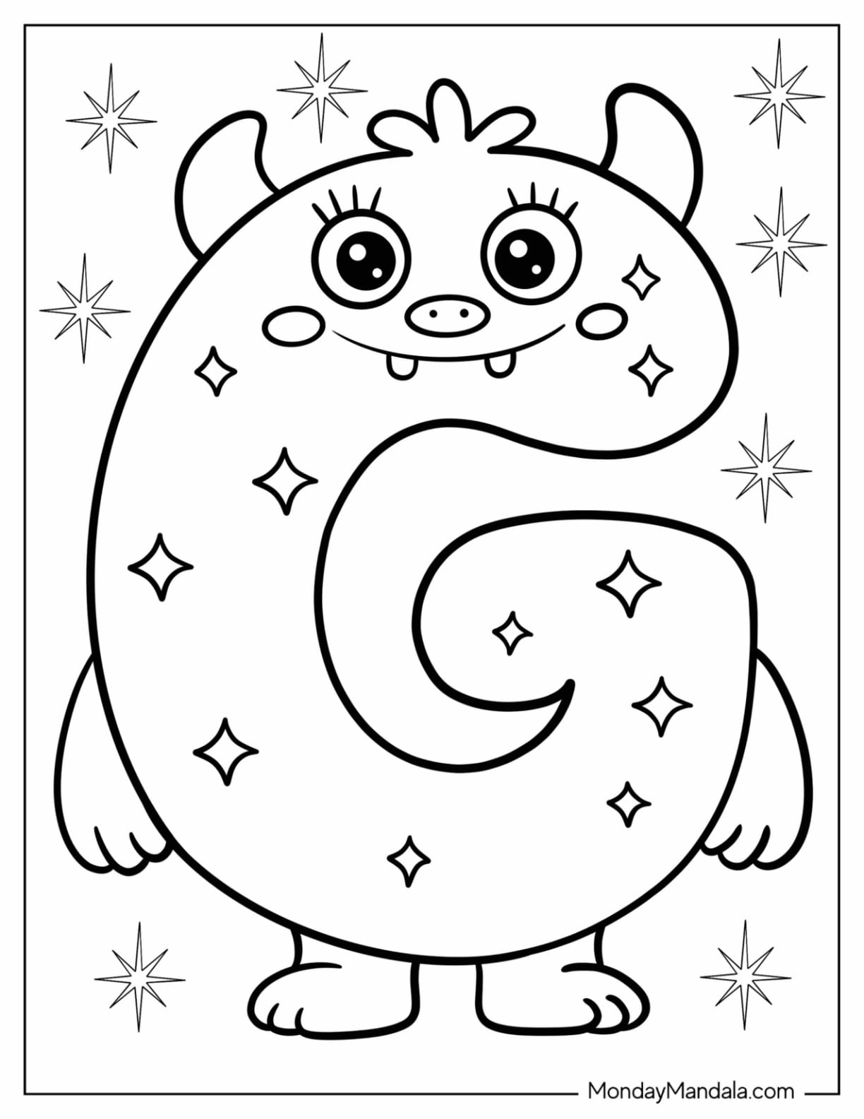 Letter G Coloring Page Shaped Like a Cute Monster With Stars for Preschoolers
