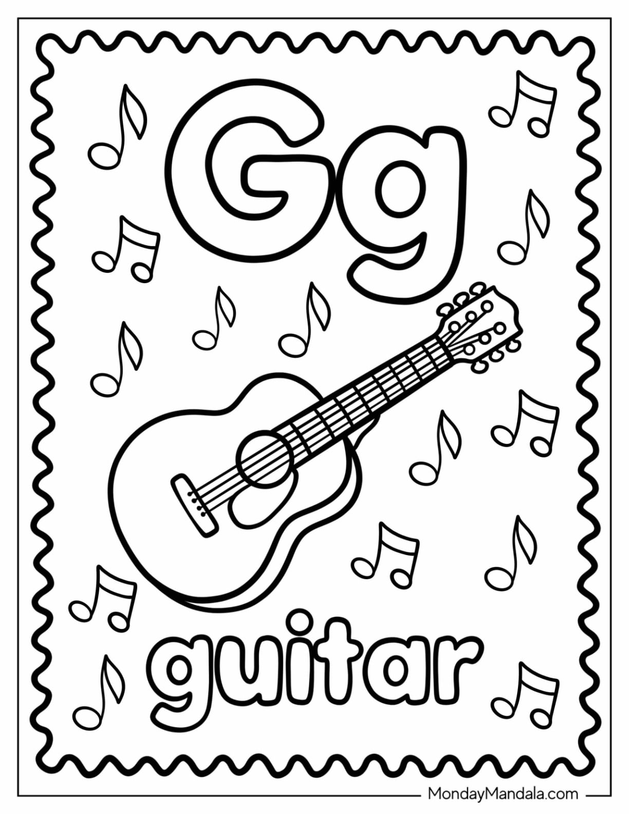 Letter G Coloring Page With an Acoustic Guitar and Floating Music Notes