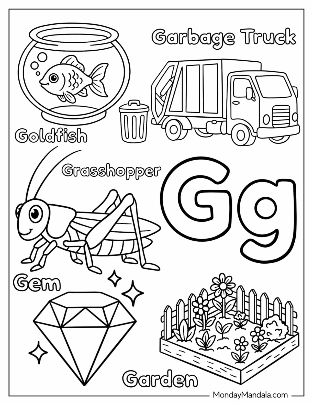 Letter G Coloring Page for Garden, Gem, Garbage Truck, Goldfish, and Grasshopper