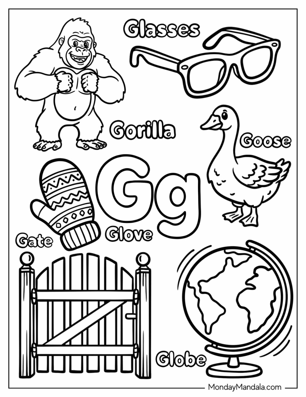 Letter G Coloring Page is for Glasses, Gorilla, Gate, Globe, Goose, and Glove