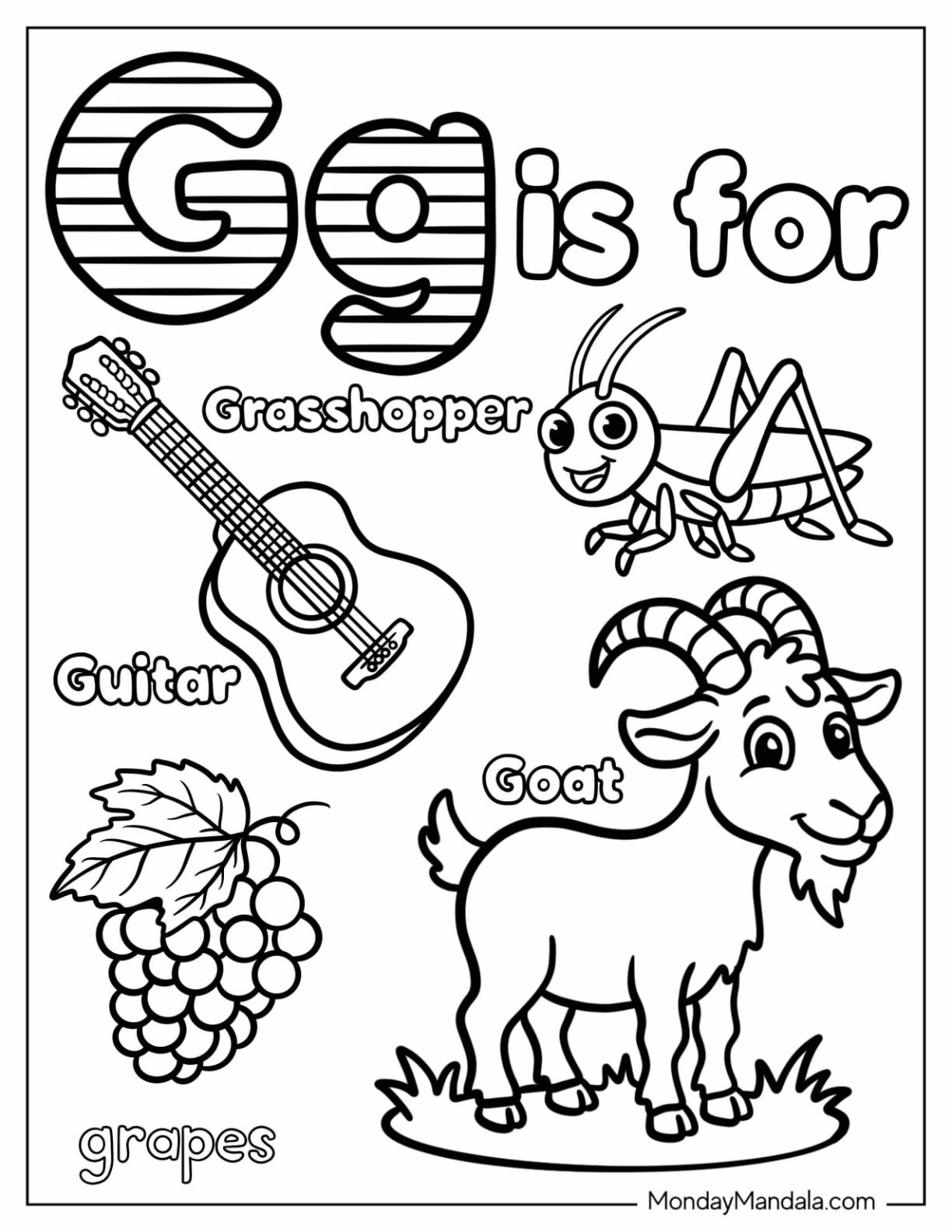Letter G Coloring Page is for Grasshopper, Guitar, Grapes, Grasshopper, and Goat