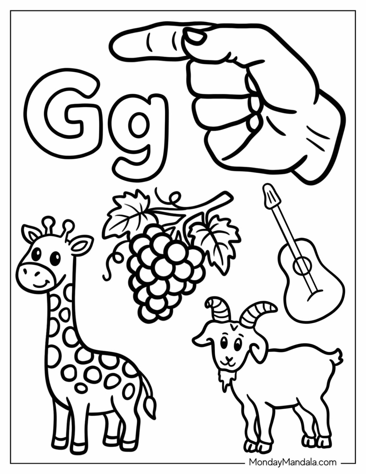 Letter G Coloring Page with ASL, Giraffe, Goat, Guitar, and Grapes for Kids