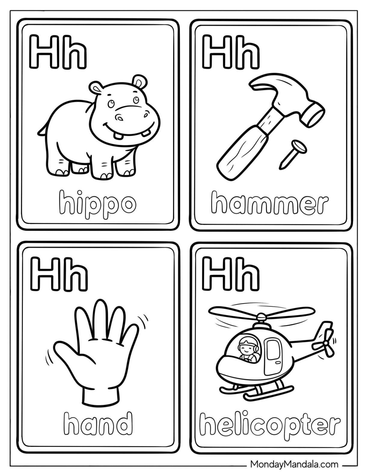 Letter H Coloring Pagecards with Hippo, Hammer, Hand, and Helicopter