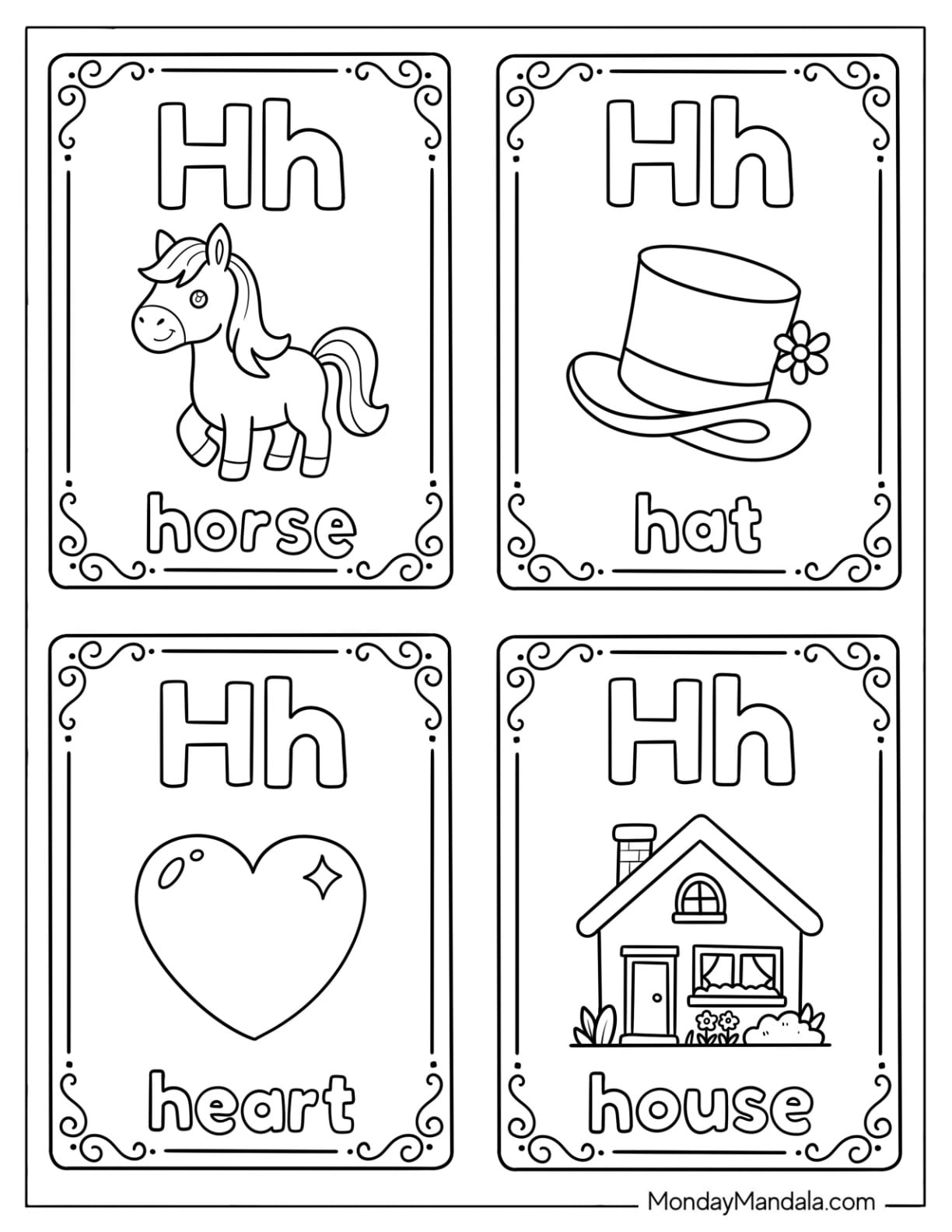 Letter H Coloring Page cards with Horse, Hat, Heart, and House