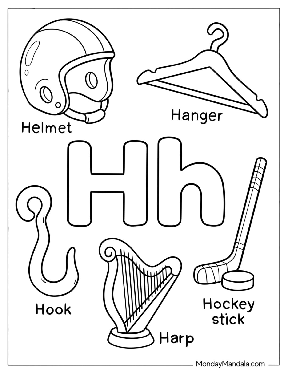Letter H Coloring Page is for Hanger, Helmet, Hockey Stick, Harp, and Hook
