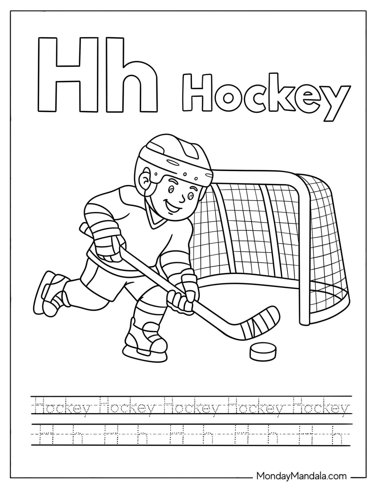 Letter H Coloring Page is for Hockey Traceable Worksheet for Kids