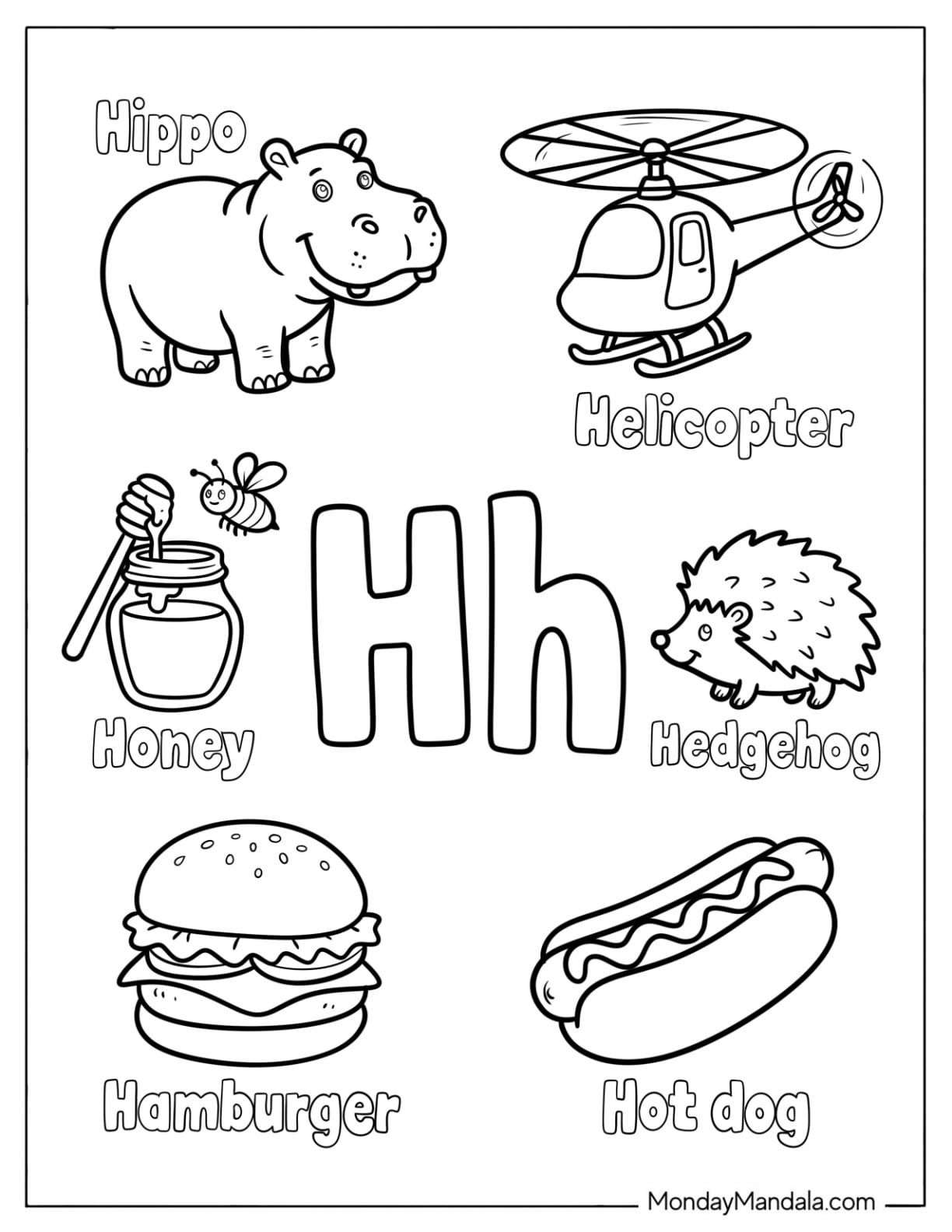 Letter H Coloring Page is for Honey, Hippo, Helicopter, Hamburger, and Hotdog