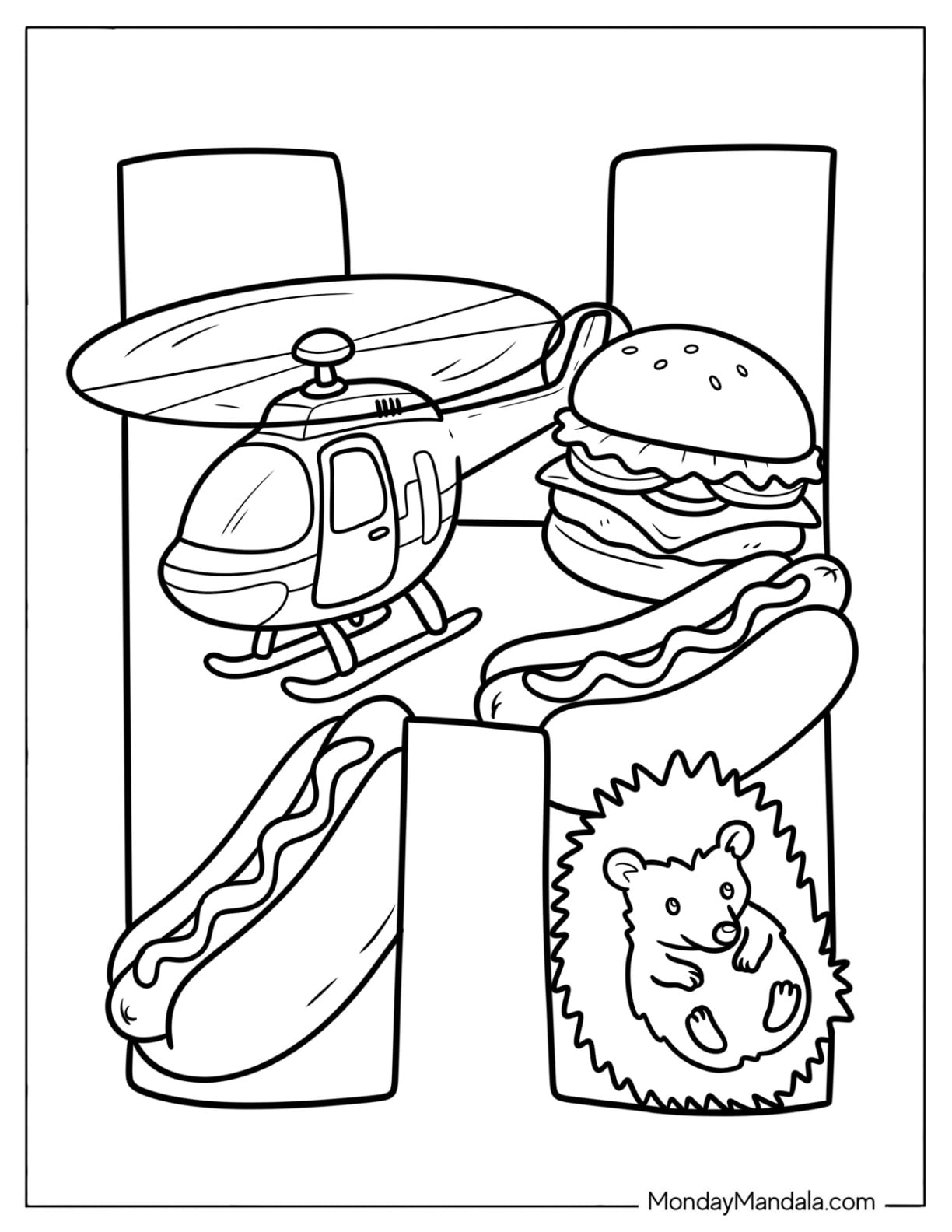 Letter H Coloring Page with Helicopter, Hamburger, Hotdog, and Hedgehog