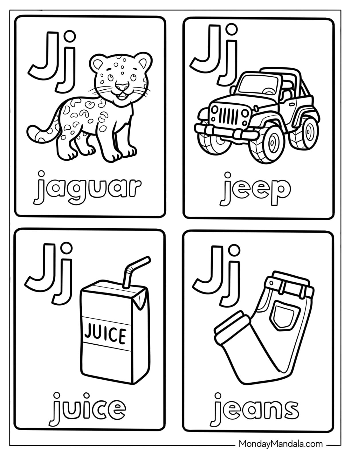 Letter J Coloring Page Cards with Jaguar, Jeep, Juice, and Jeans