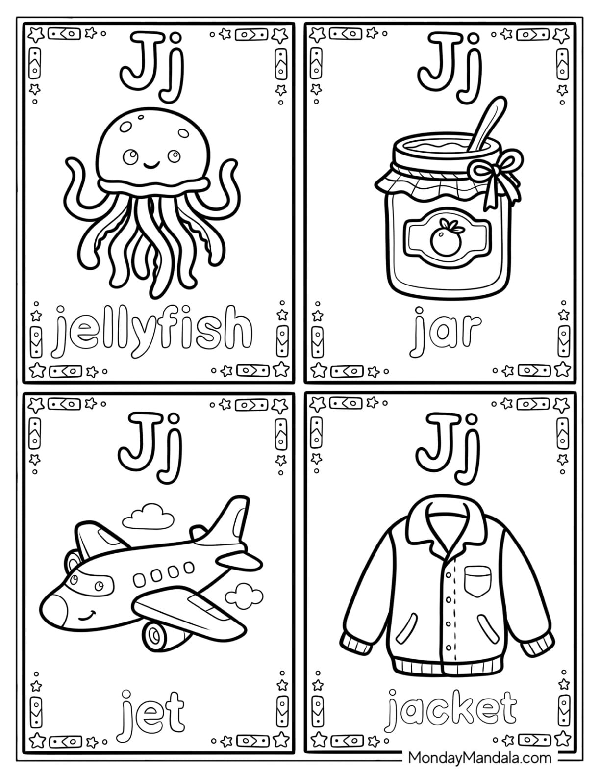 Letter J Coloring Page Cards with Jellyfish, Jar, Jet, and Jacket