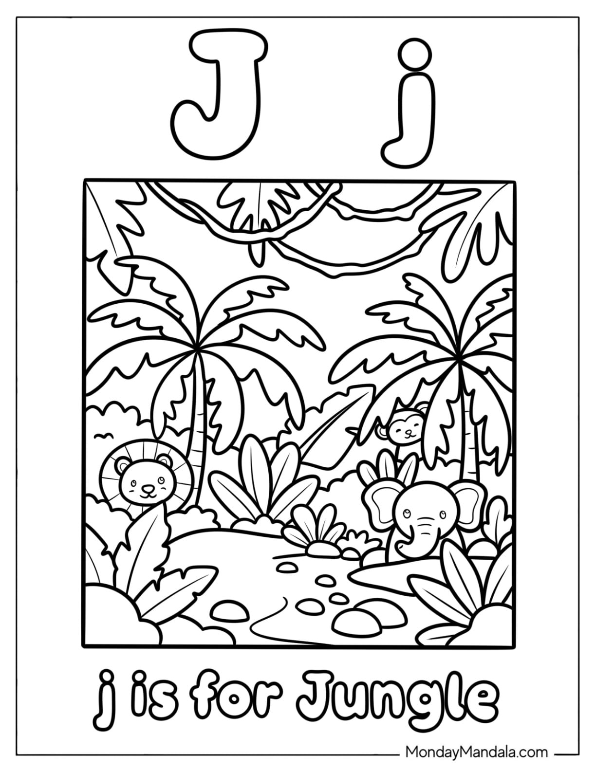 Letter J Coloring Page for Jungle for Kids