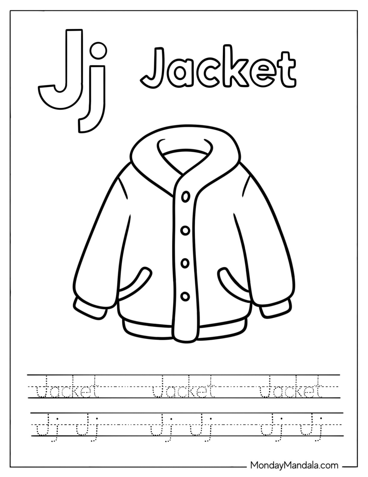 Letter J Coloring Page is for Jacket Traceable Worksheet for Kids
