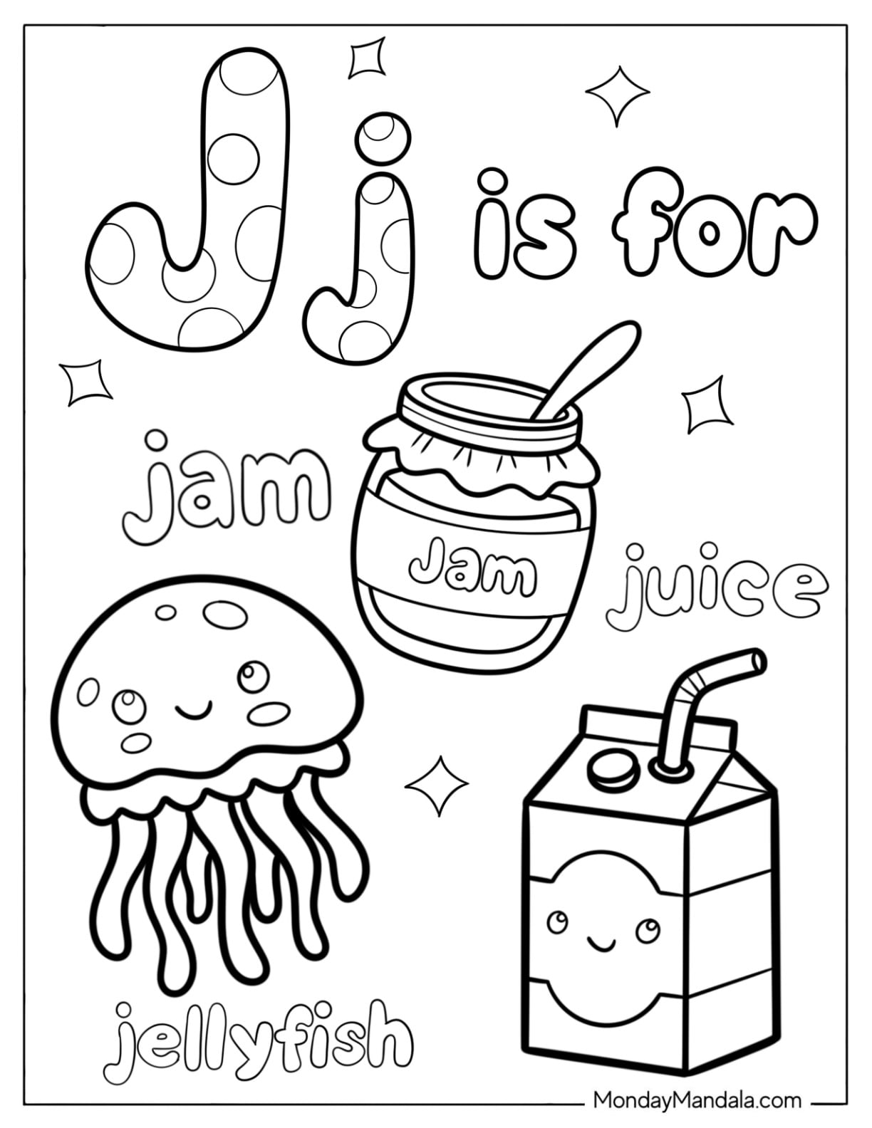 Letter J Coloring Page is for Jam, Jellyfish, and Juice