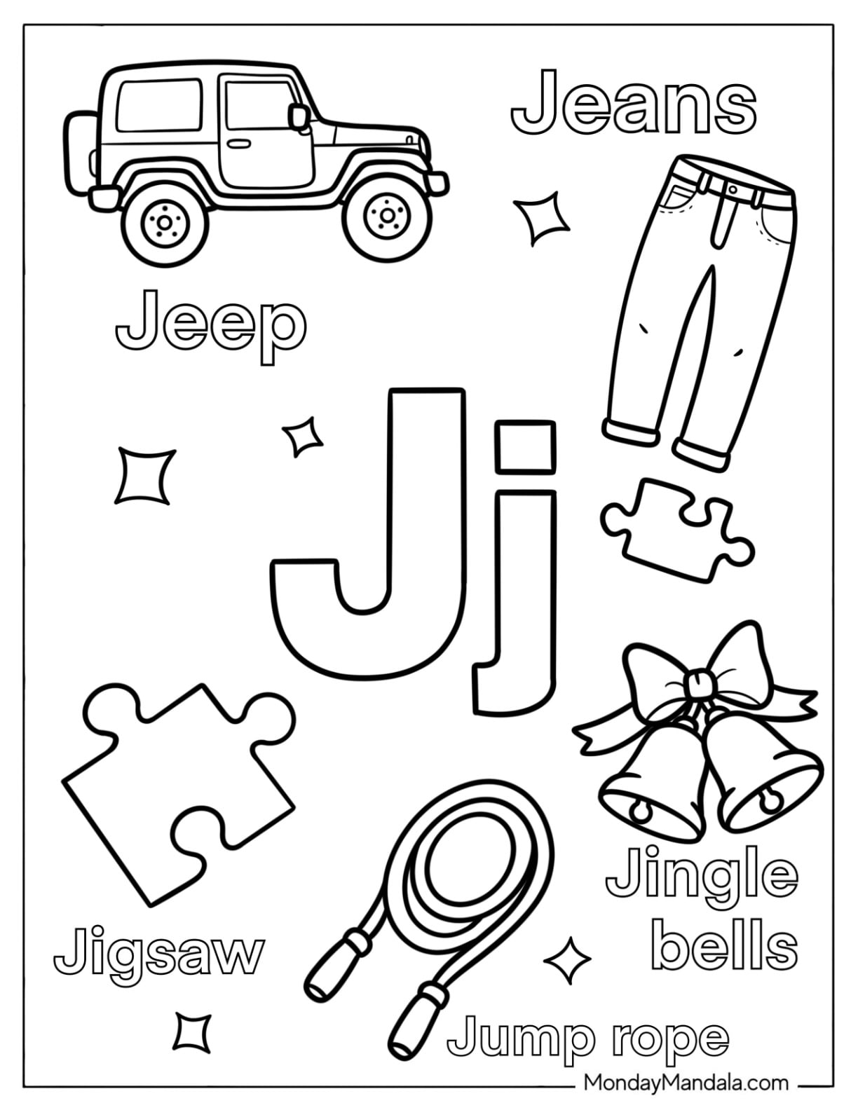 Letter J Coloring Page is for Jeans, Jeep, Jigsaw, Jump Rope, and Jingle Bells for Kids