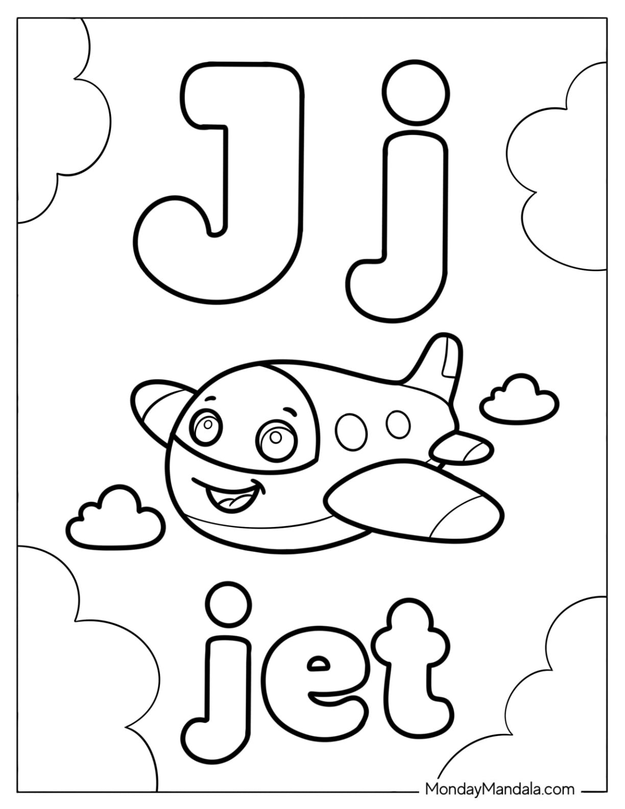 Letter J Coloring Page is for Jet for Preschoolers