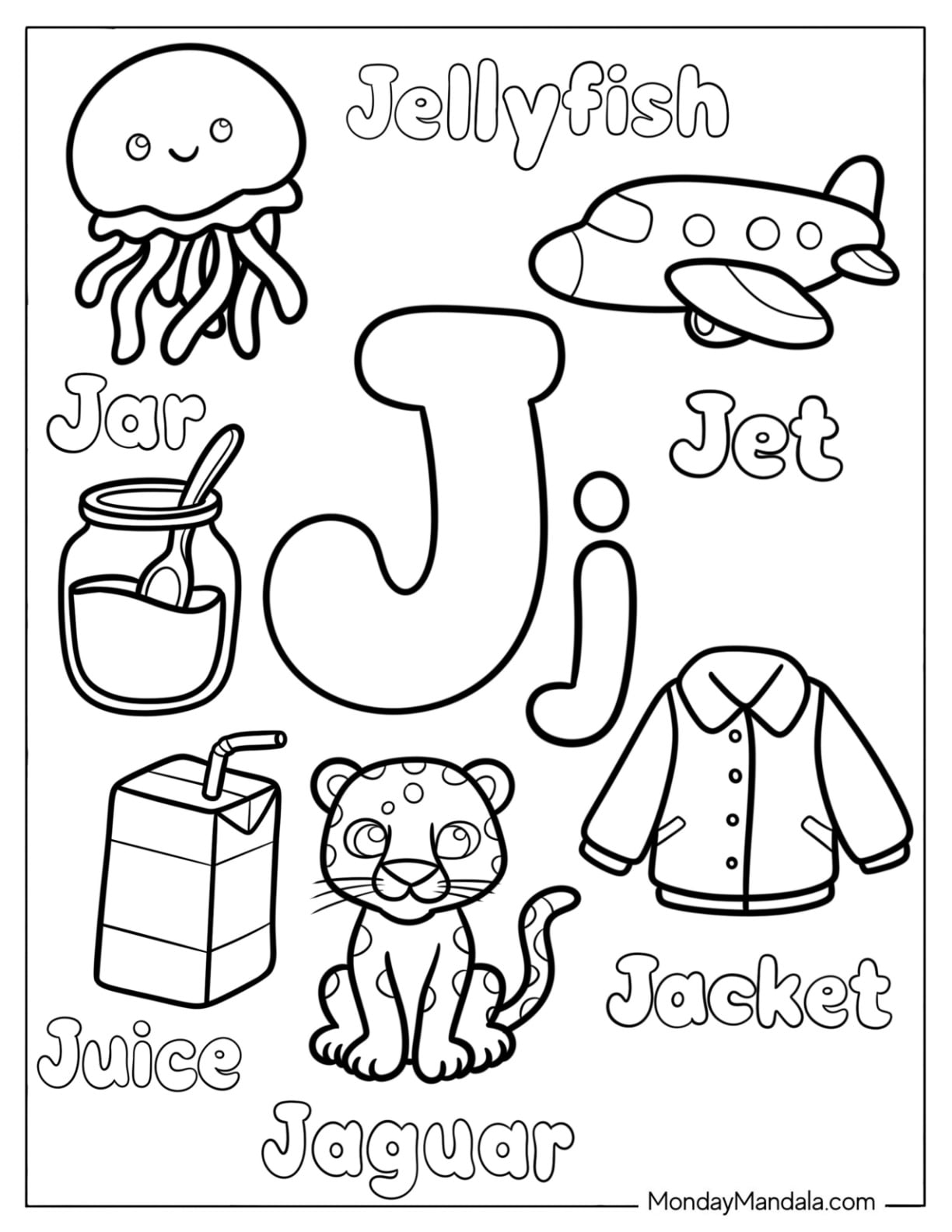 Letter J Coloring Page is for Jet, Jar, Juice, Jaguar, and Jacket for Kids