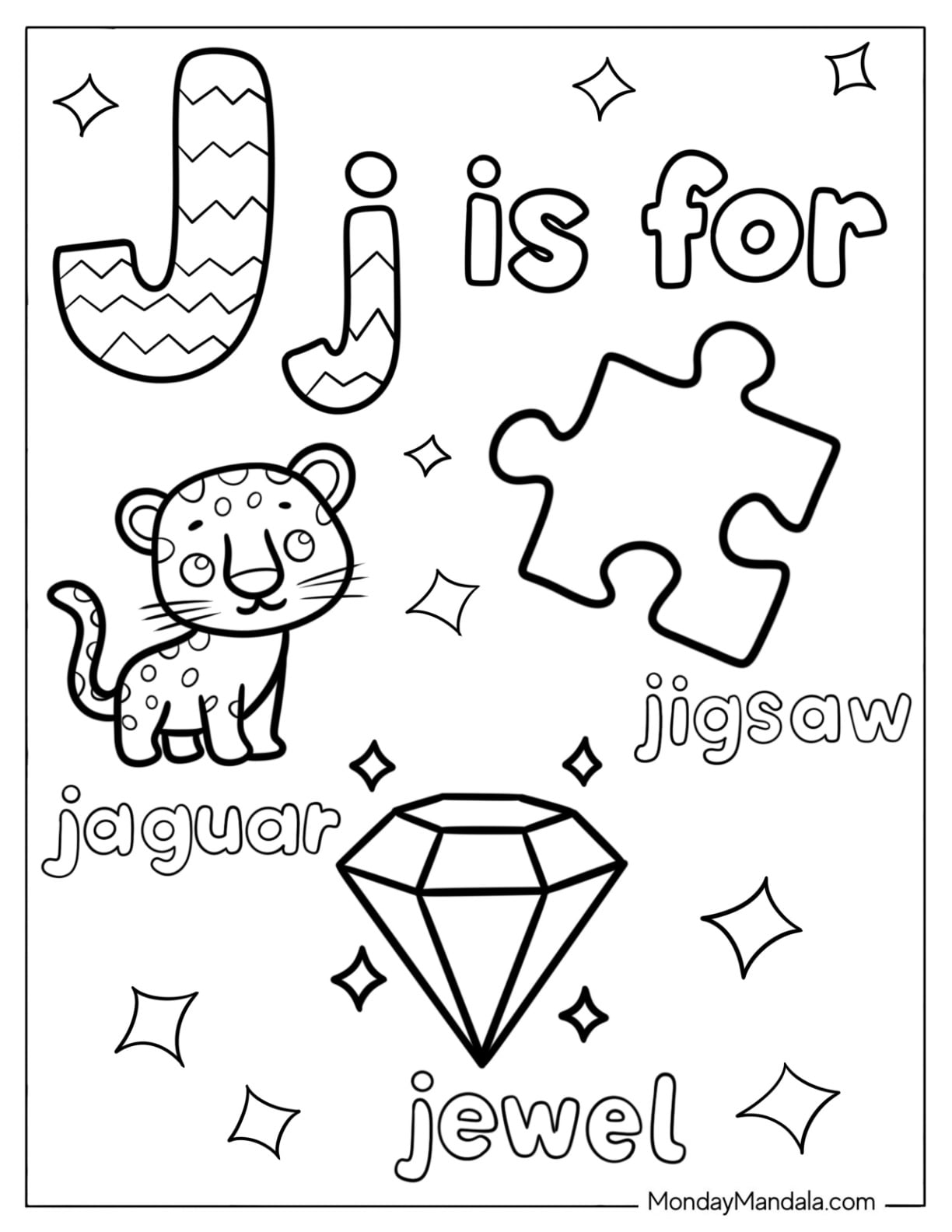 Letter J Coloring Page is for Jewel, Jigsaw, and Jaguar