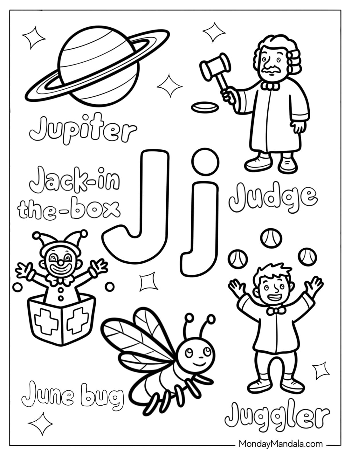 Letter J Coloring Page is for Jupiter, Judge, Juggler, June Bug, and Jack in the Box