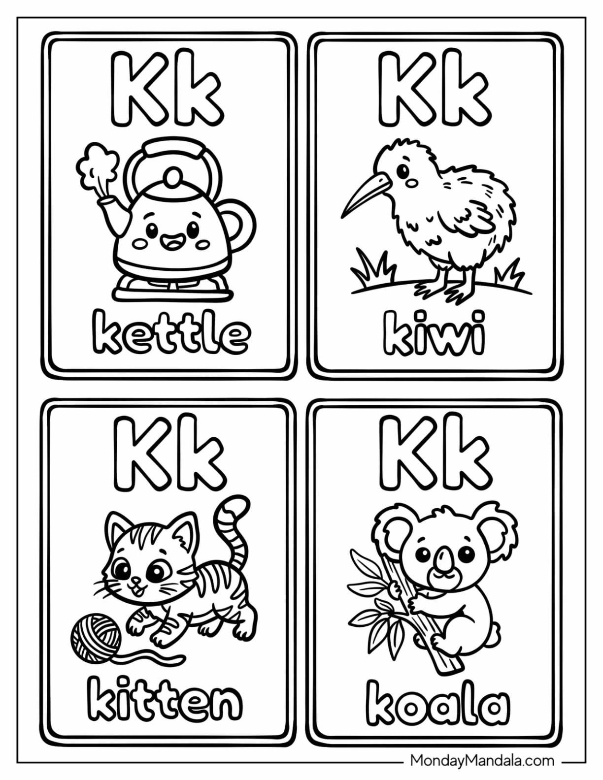 Letter K Coloring Page Cards with Kettle, Kiwi, Kitten, and Koala for Kids