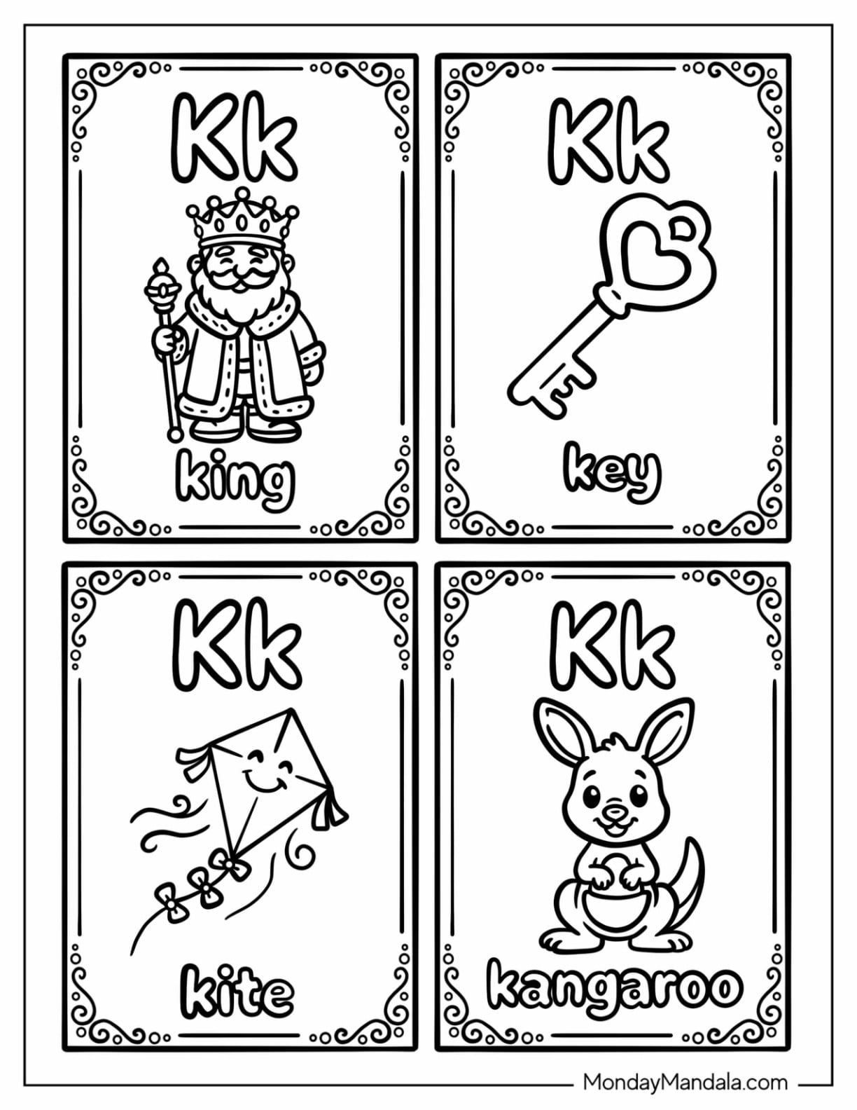 Letter K Coloring Page Flashcards with King, Key, Kite, and Kangaroo