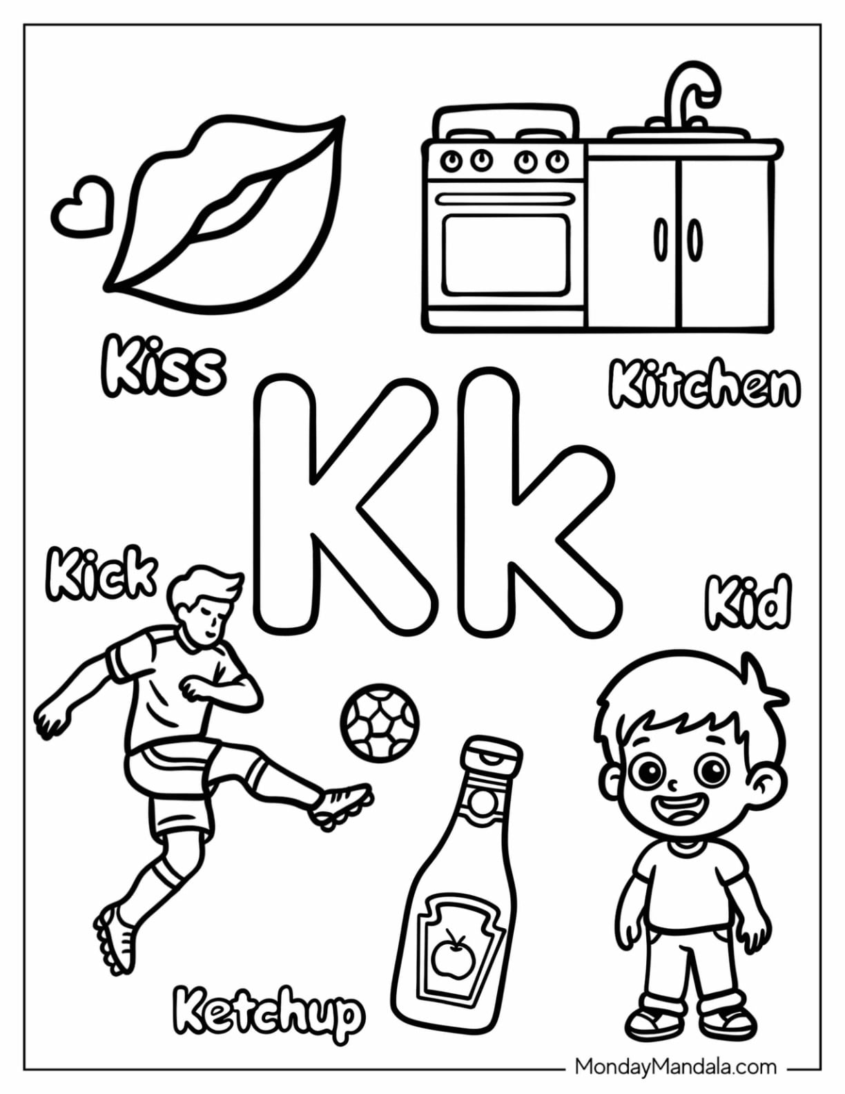 Letter K Coloring Page for Kitchen, Kiss, Kick, Kid, and Ketchup