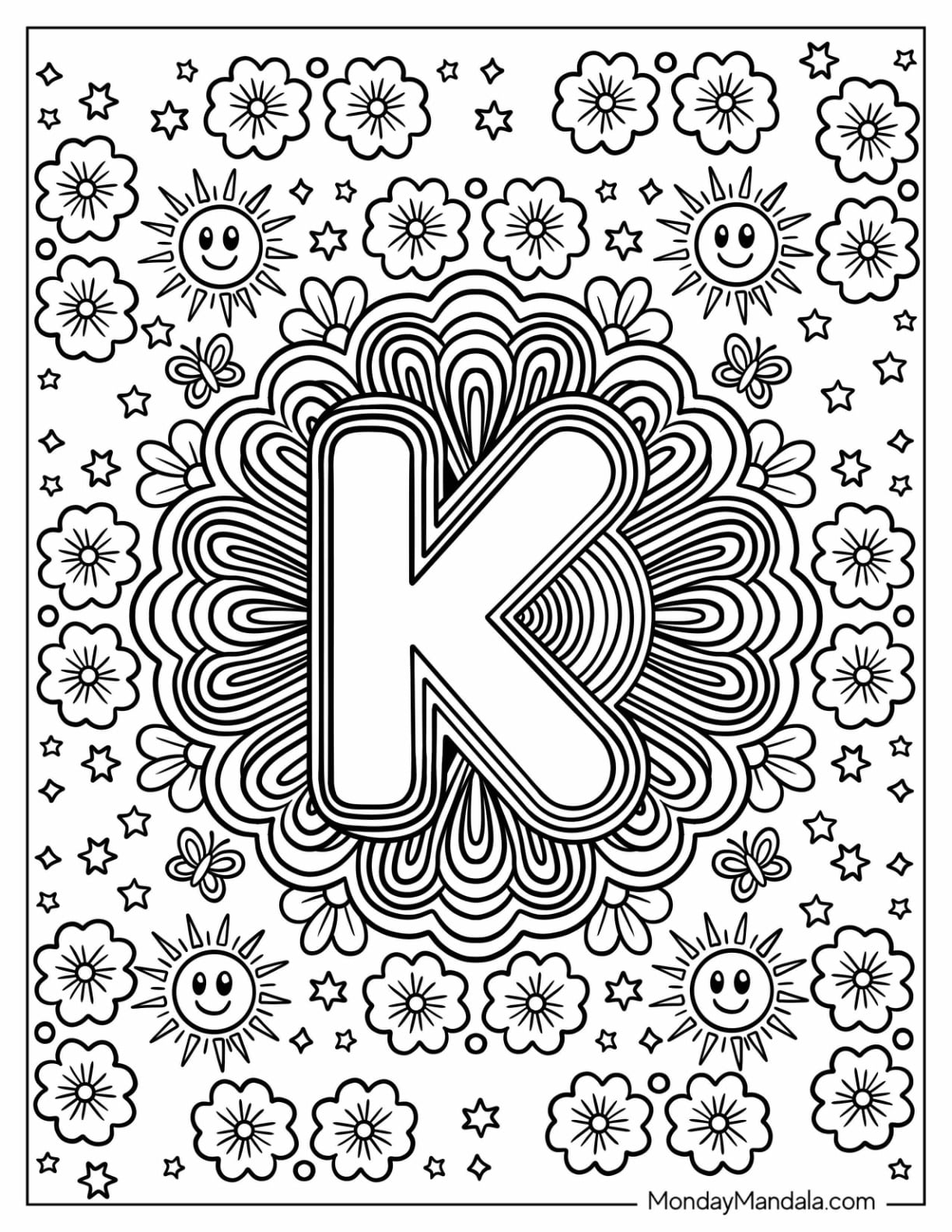 Letter K Coloring Page in a Flower with Suns and Stars