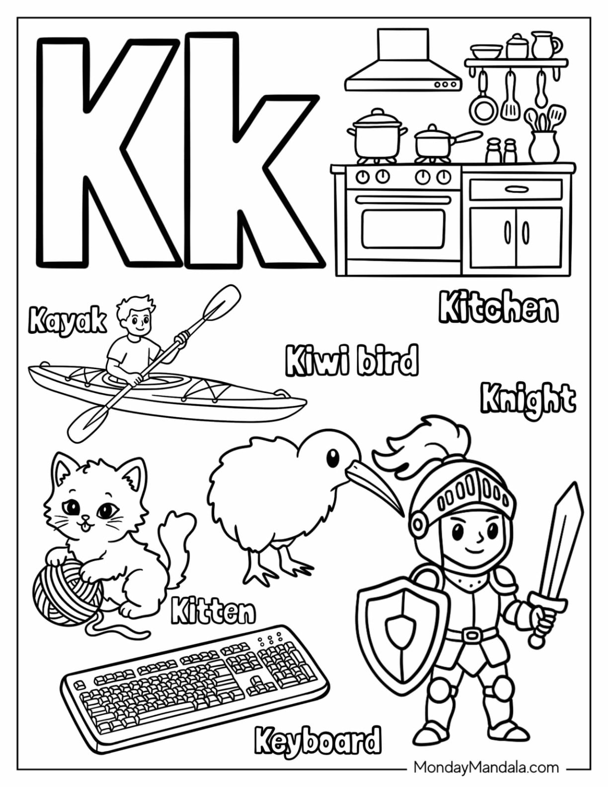 Letter K Coloring Page is for Kayak, Kitchen, Kitten, Knight, Kiwi, and Keyboard