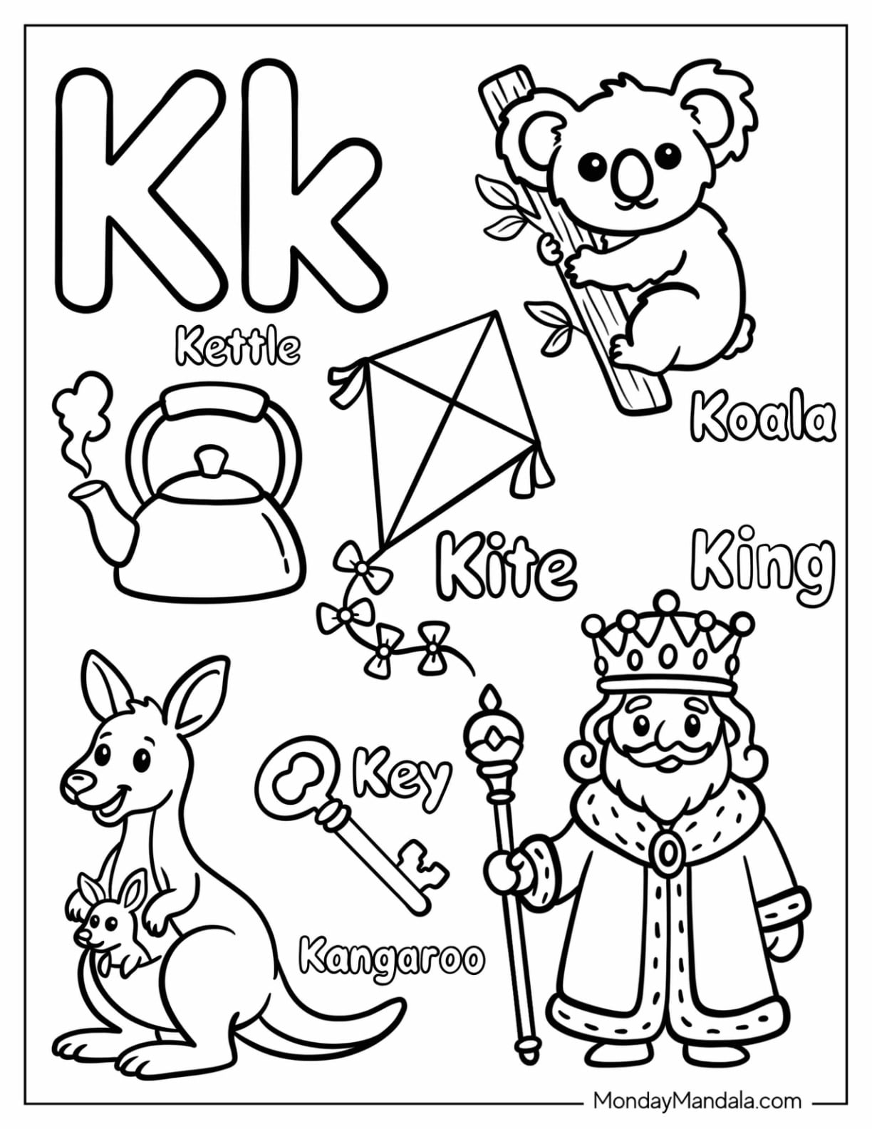 Letter K Coloring Page is for Kettle, Kite, Kangaroo, Koala, Key, and King