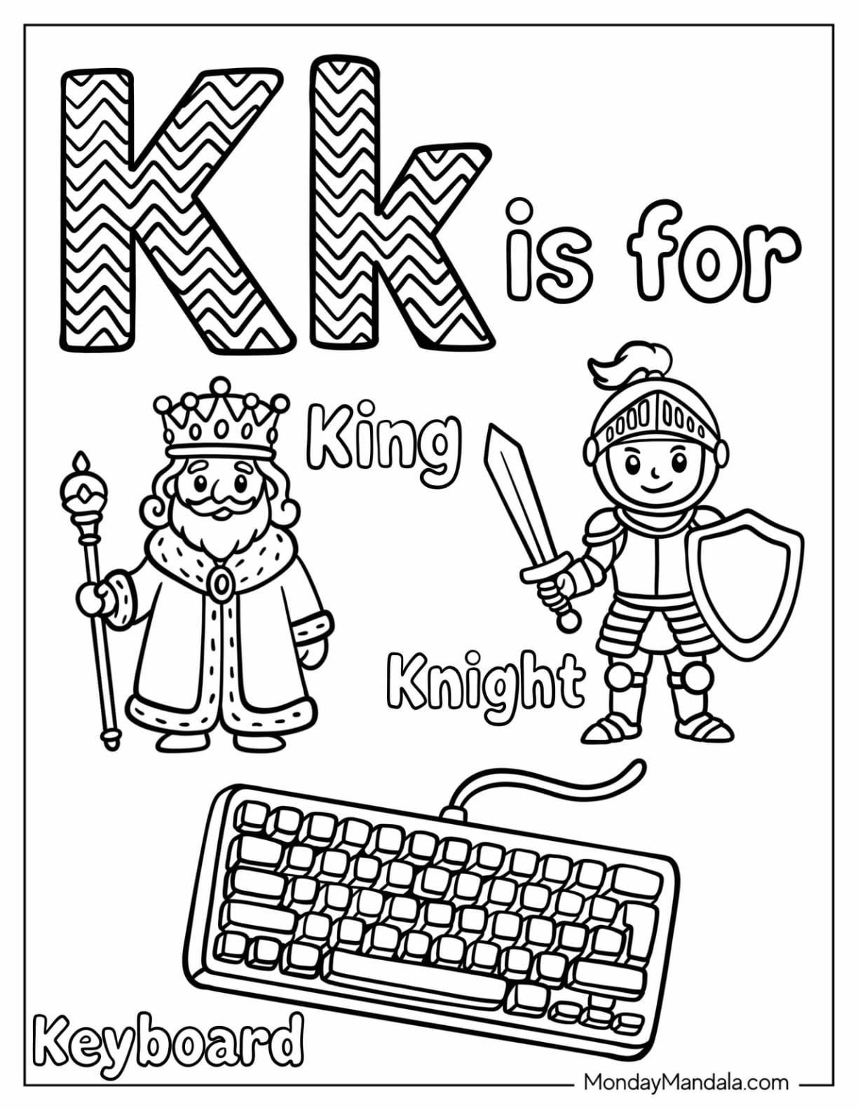 Letter K Coloring Page is for King, Knight, and Keyboard