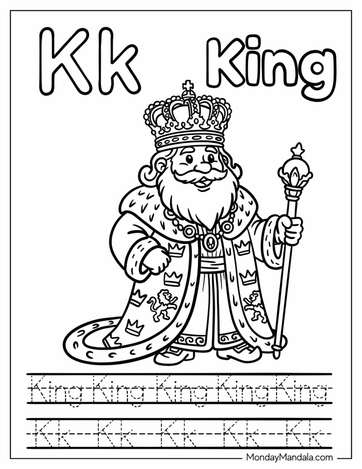 Letter K Coloring Page is for King Traceable Worksheet