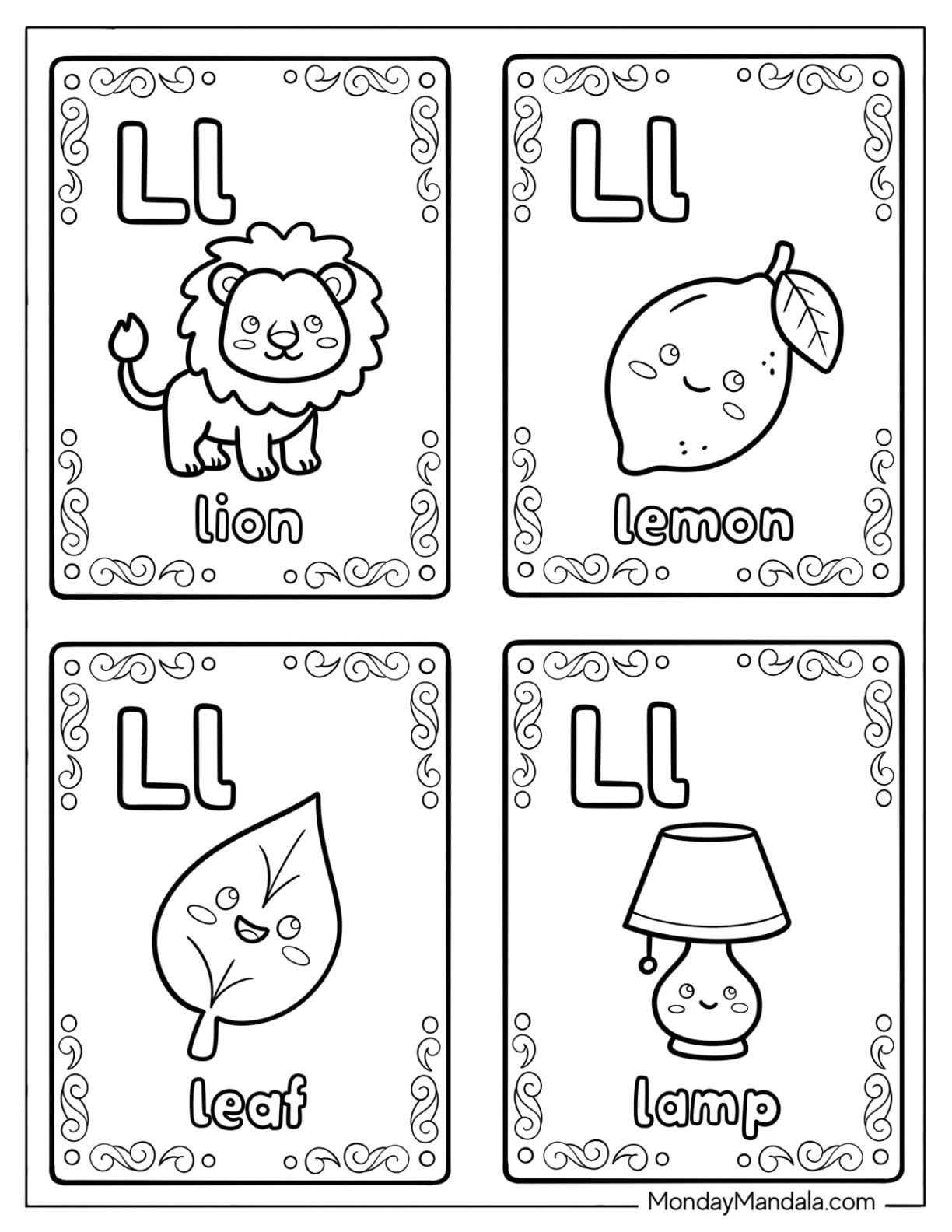 Letter L Coloring Page Cards with Lion, Lemon, Leaf, and Lamp