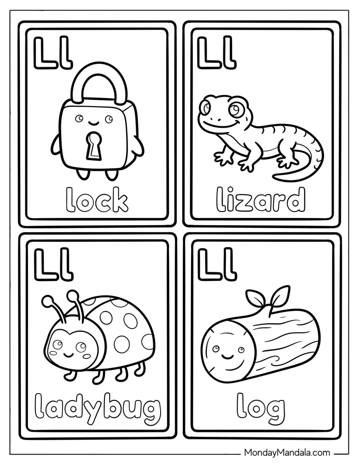 Letter L Coloring Page Cards with Lock, Lizard, Ladybug, and Log