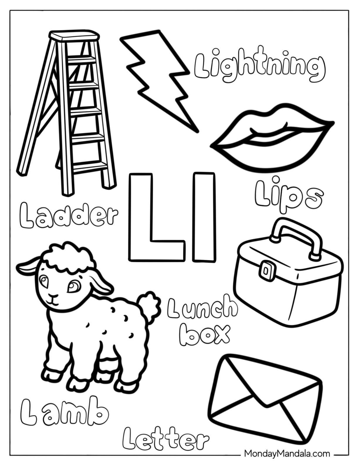 Letter L Coloring Page is for Ladder, Lightning, Lips, Lunch Box, Lamb, and Letter