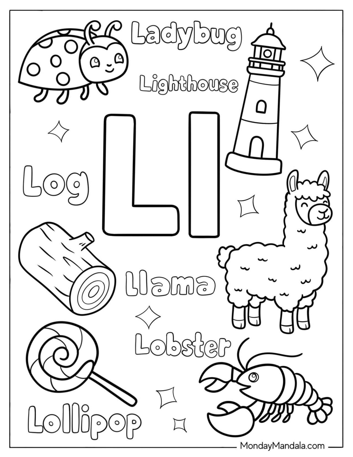 Letter L is for Ladybug, Lighthouse, Llama, Log, Lollipop, and Lobster Coloring Pagev2