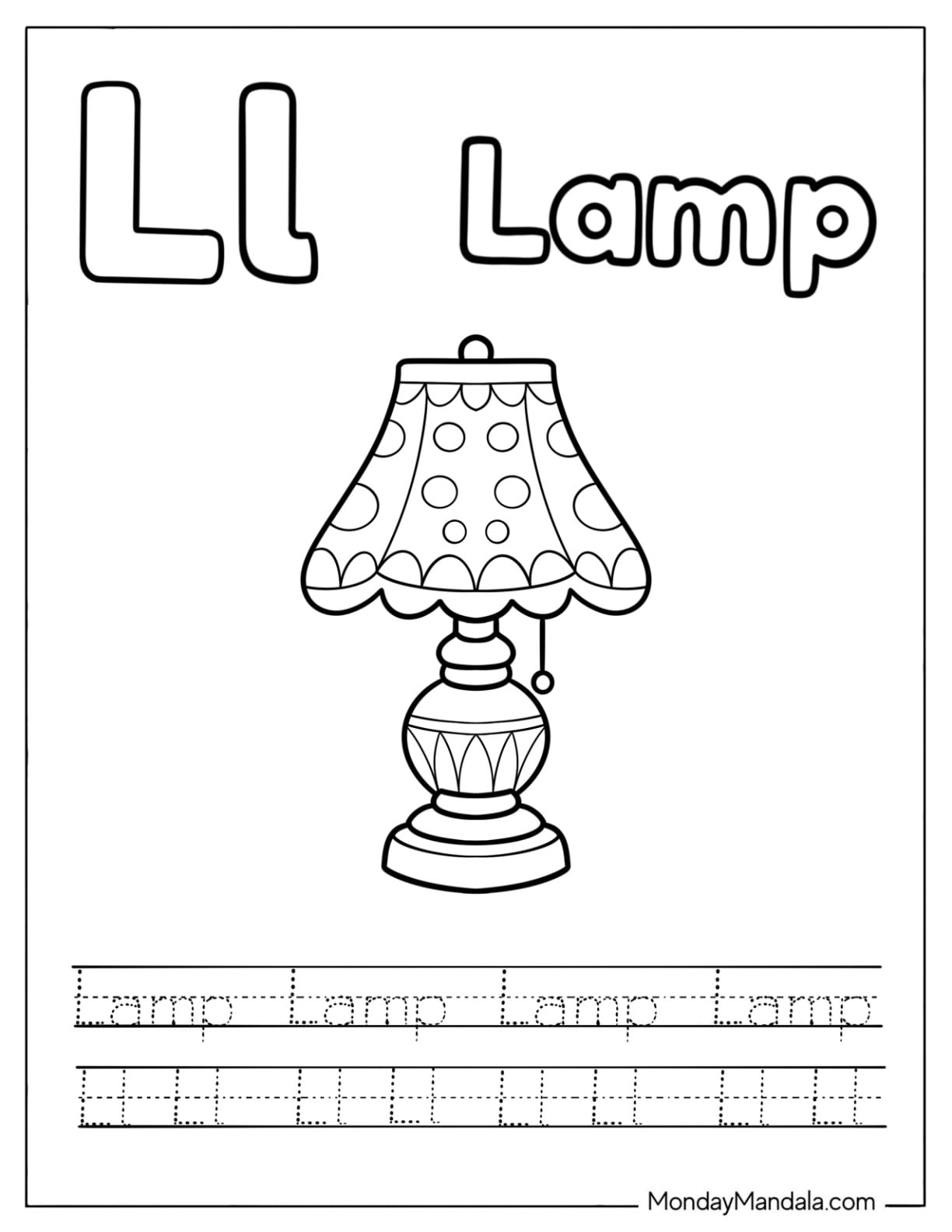 Letter L Coloring Page is for Lamp Traceable Worksheet