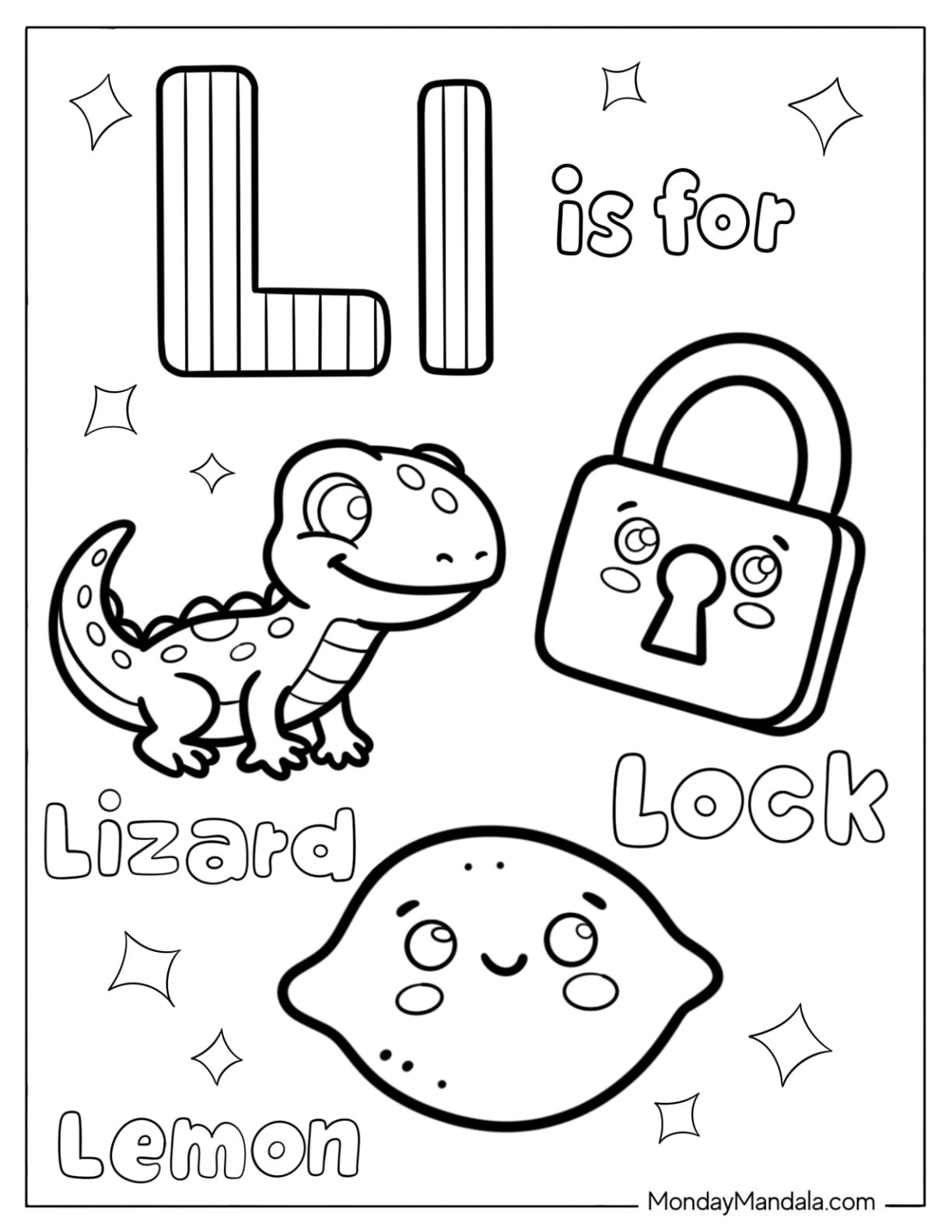 Letter L Coloring Page is for Lizard, Lock, and Lemon for Kids