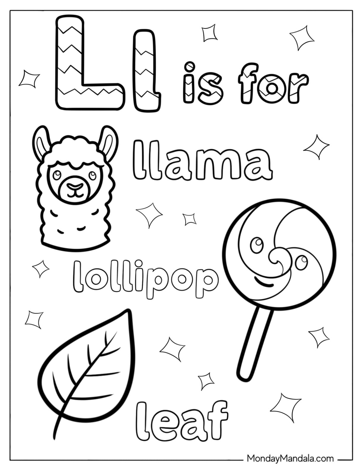 Letter L Coloring Page is for Llama, Lollipop, and Leaf