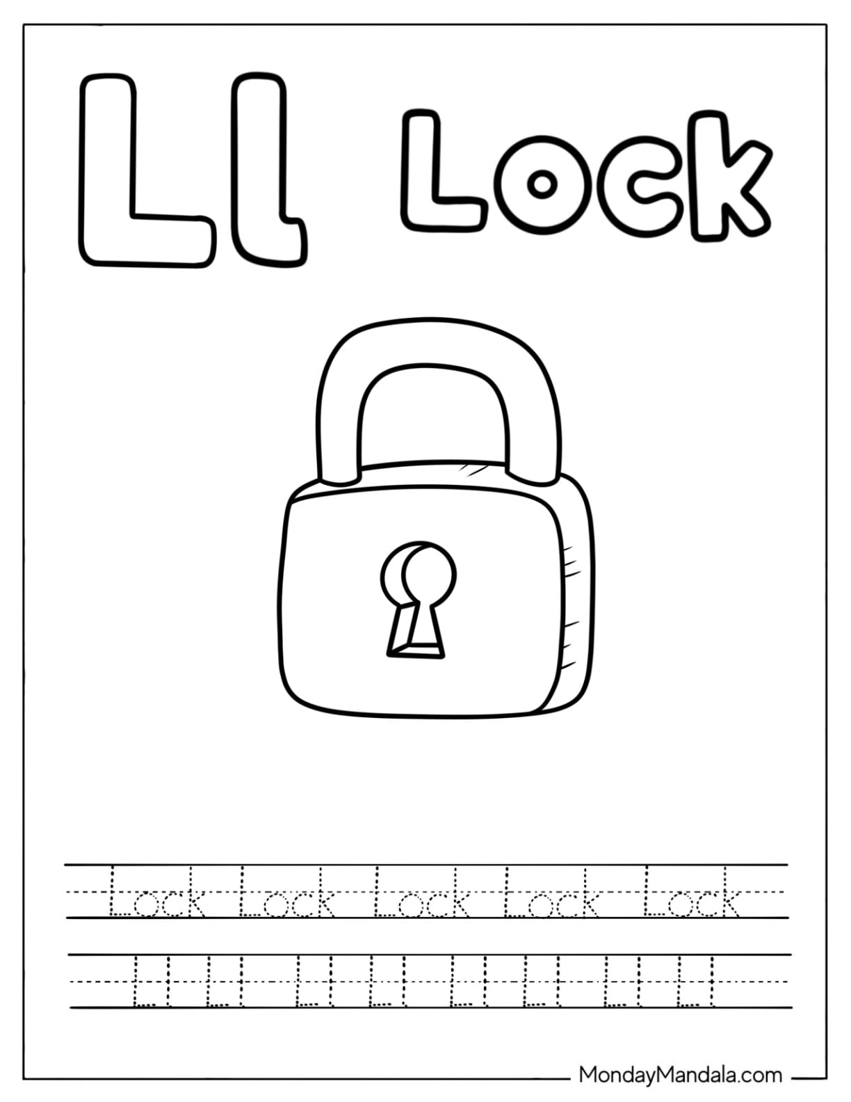 Letter L Coloring Page is for Lock Traceable Worksheet