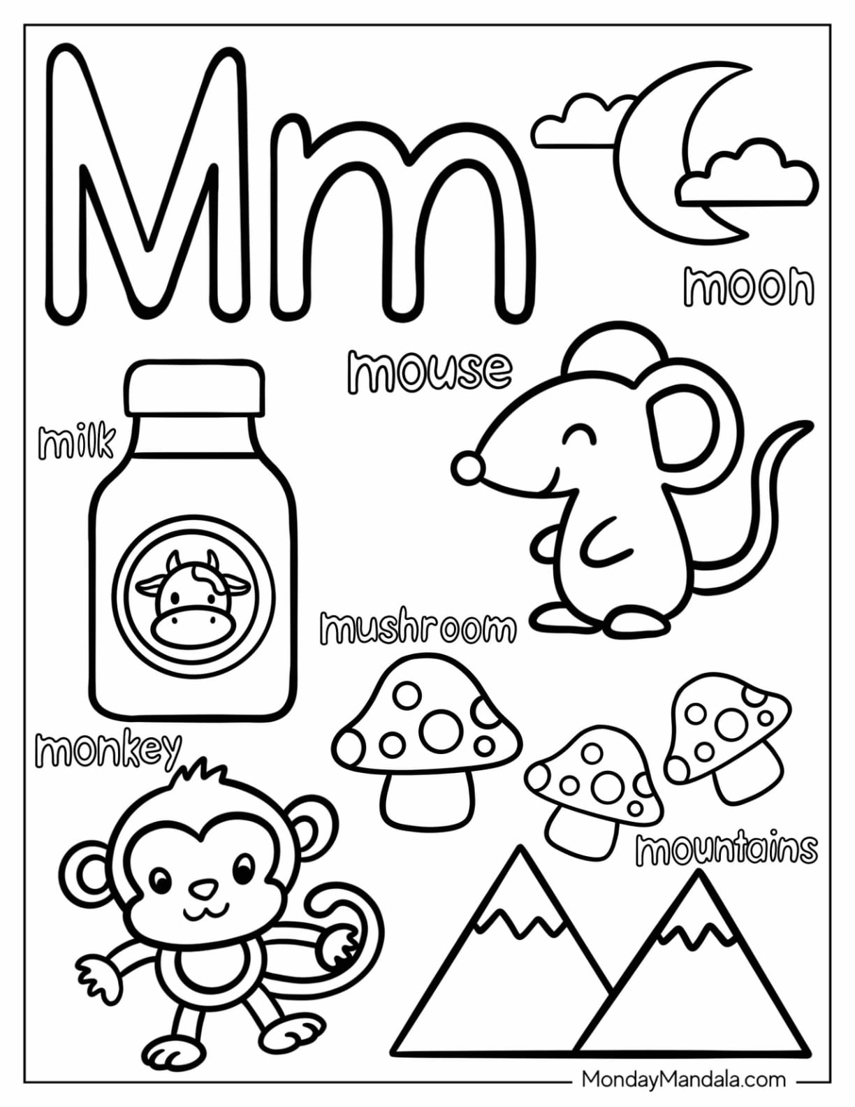 Letter M Coloring Page For Mouse, Milk, Mushroom, Monkey, Moon, And Mountains