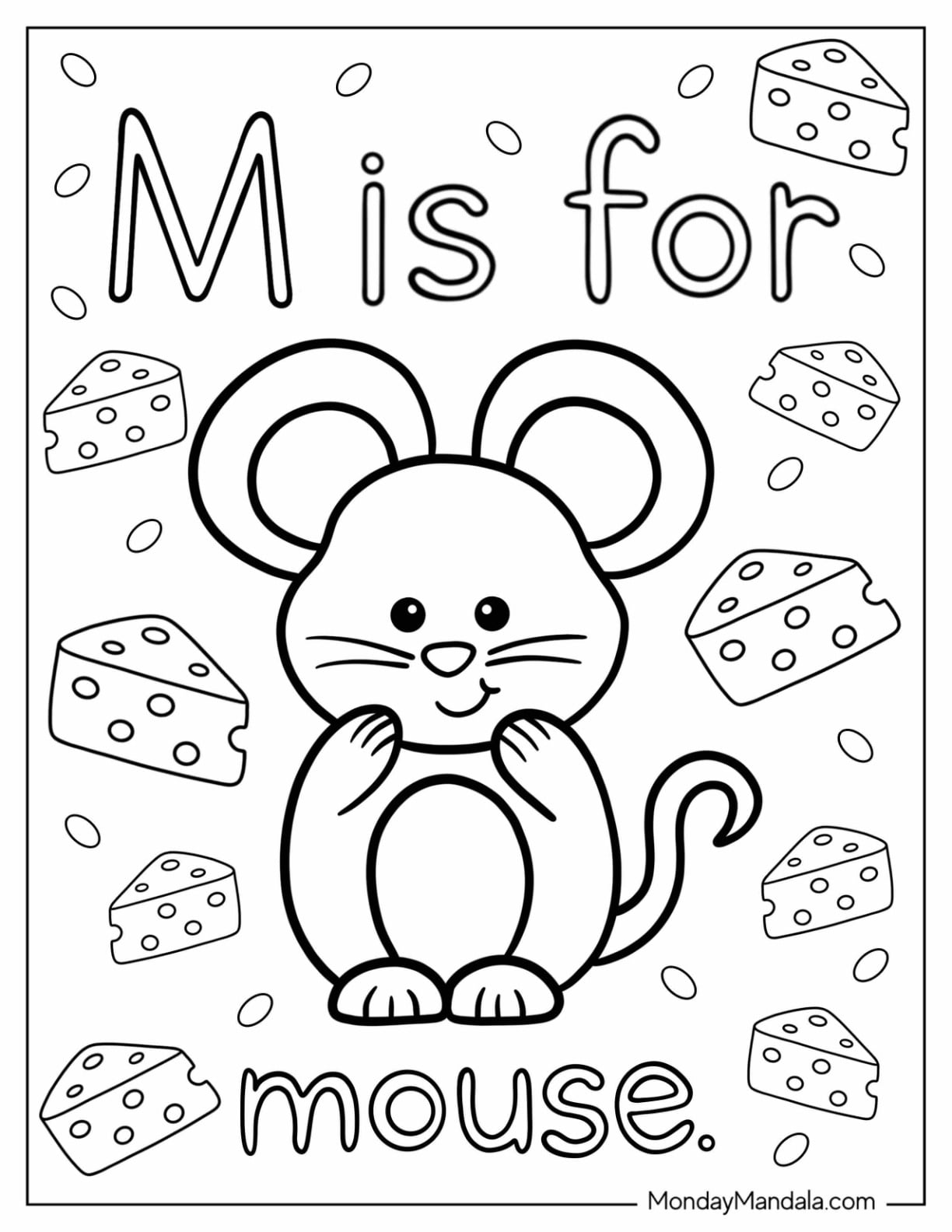 Letter M Coloring Page For Mouse With Cheese In The Background