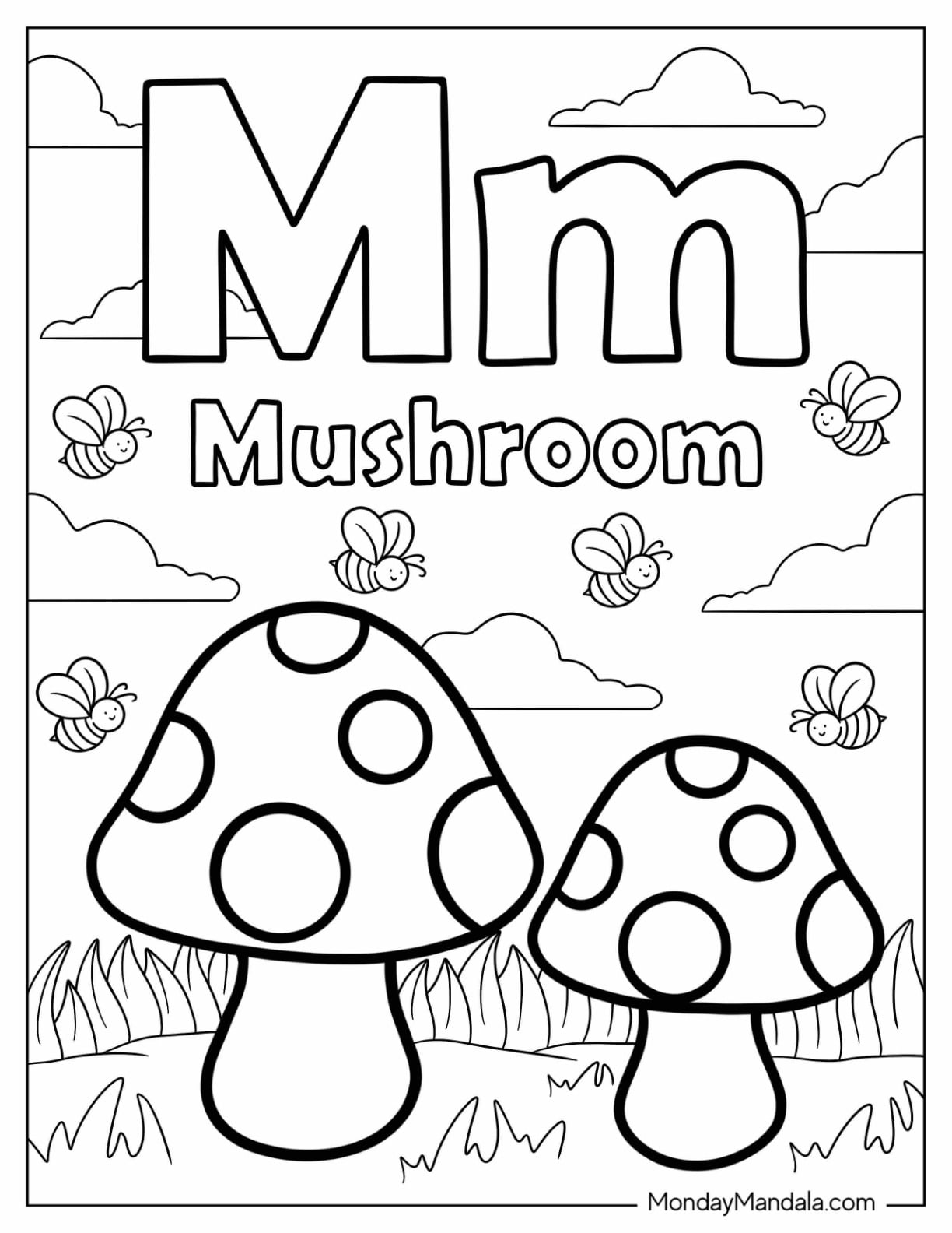 Letter M Coloring Page For Mushroom With Bees For Kids