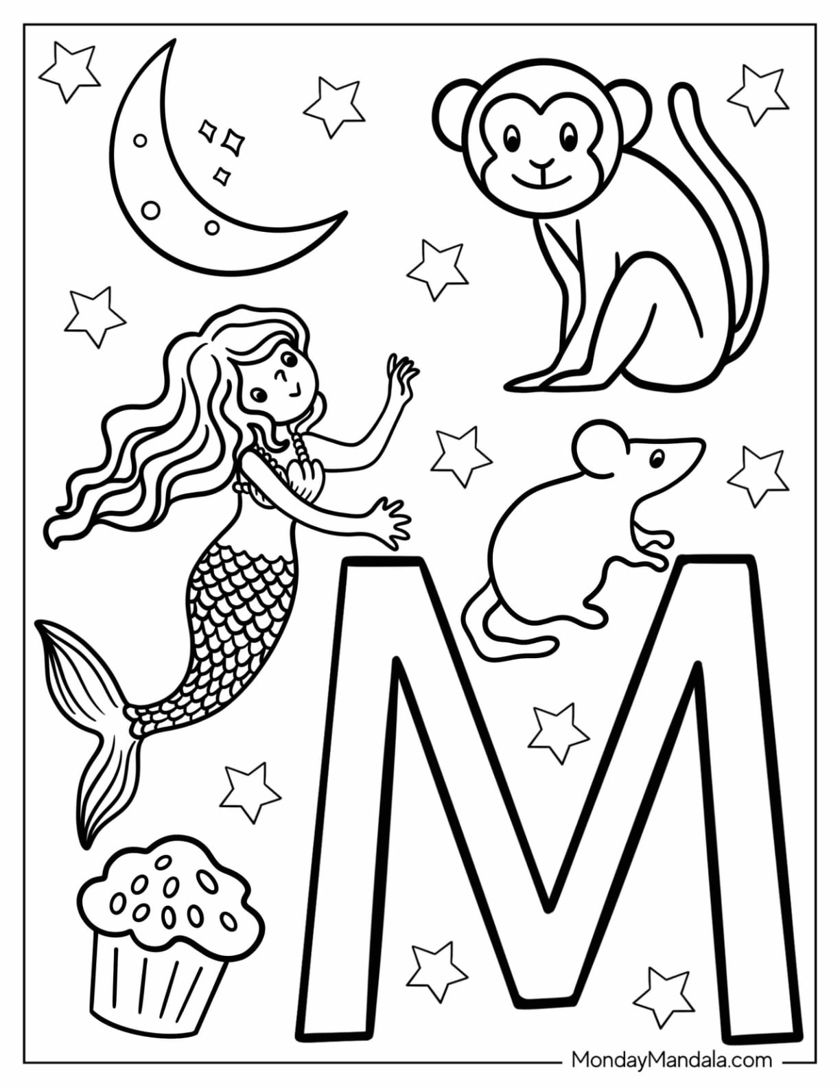 Letter M Coloring Page Is For Mermaid, Monkey, Mouse, Moon, And Muffin