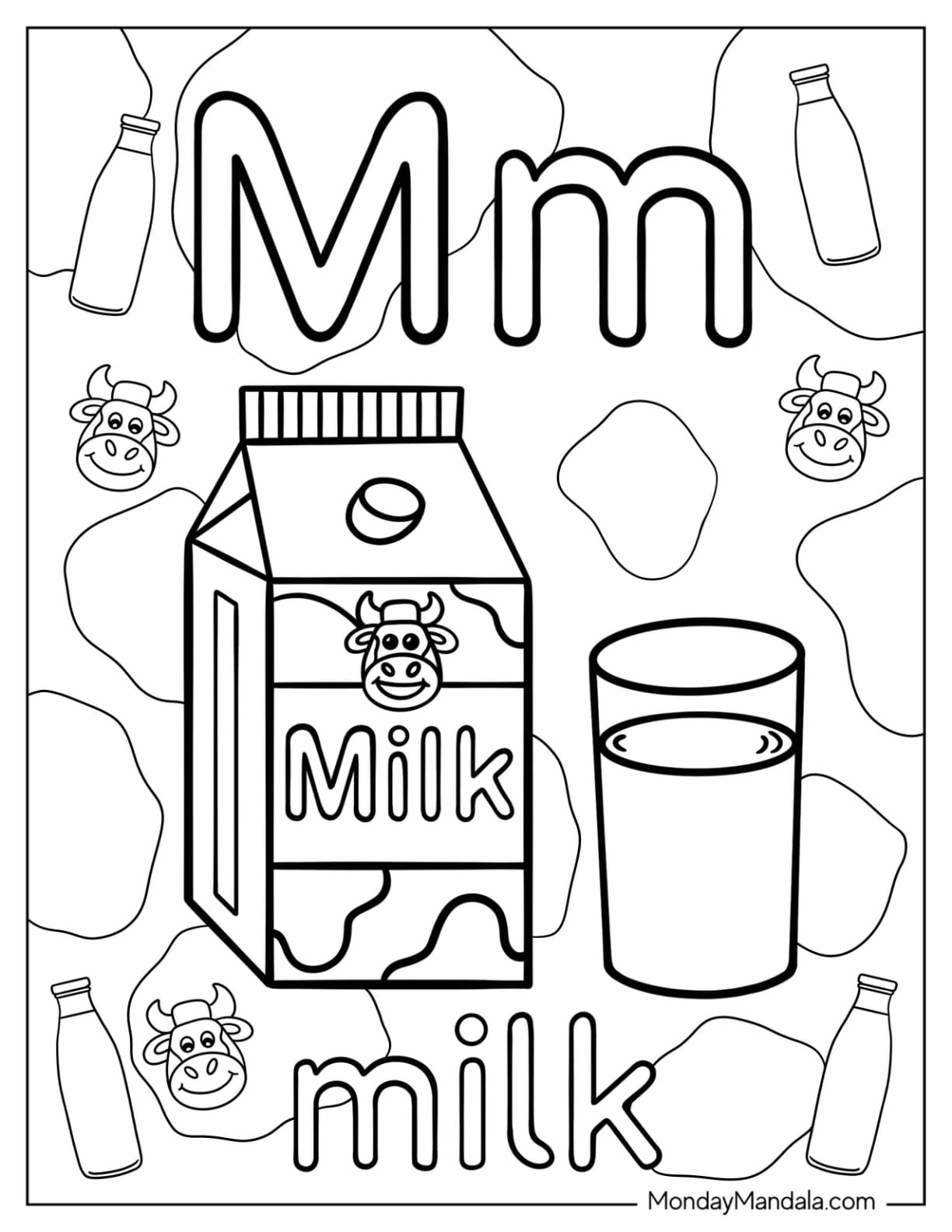 Letter M Coloring Page Is For Milk Flashcard For Kids